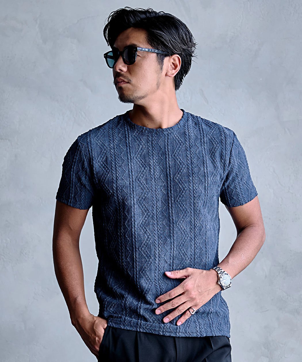 CavariA 汚し加工ジグザグケーブル半袖クルーネックTEE シルバーバレット トップス カットソー・Tシャツ ネイビー ブラック グレー