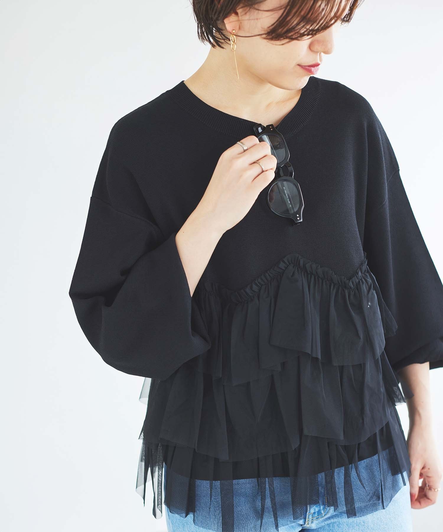le.coeur blanc 《手洗い可能》Perle Peche チュールキリカエニット ルクールブラン トップス ニット グレー ブラック