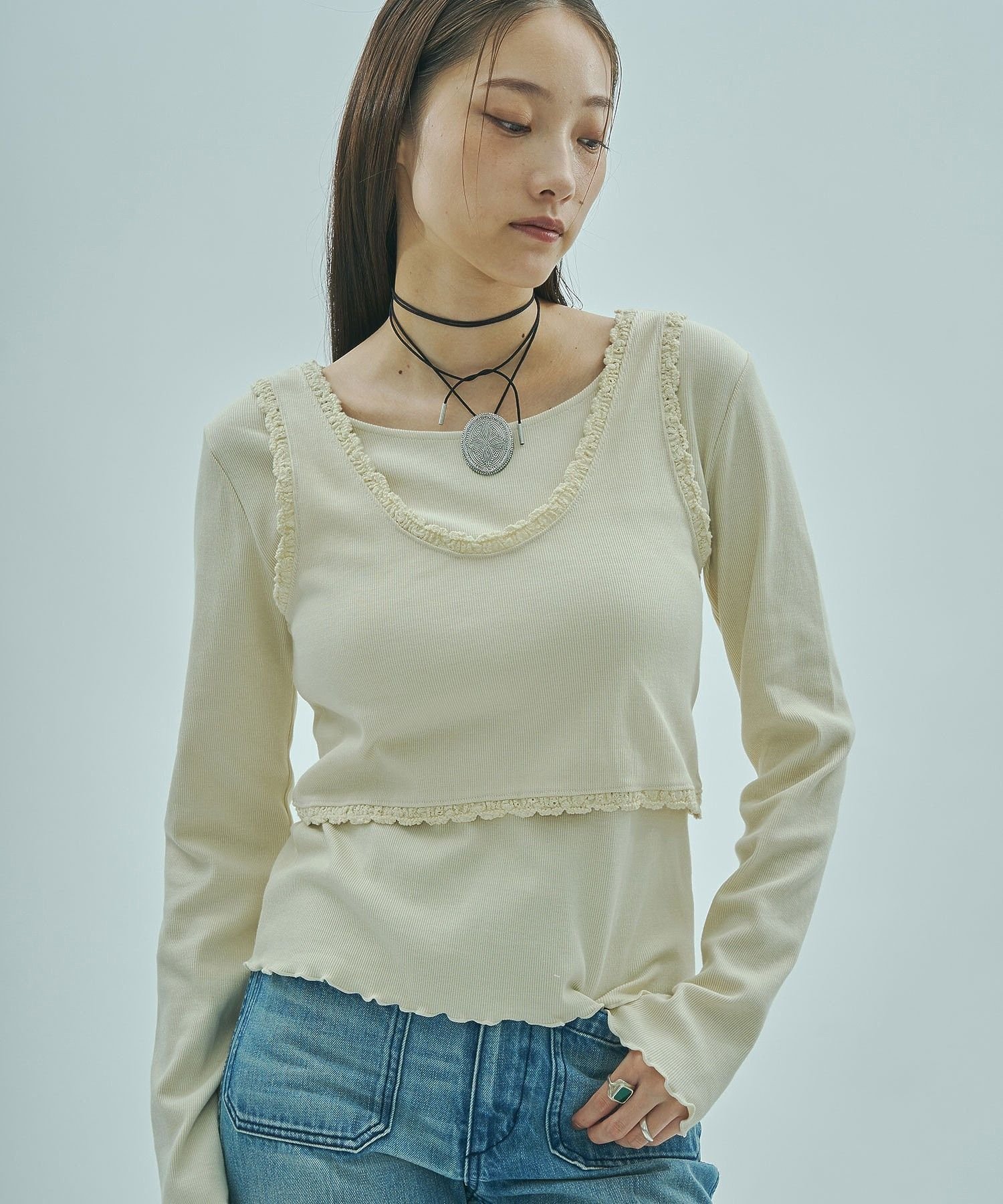 ROSE BUD LAYERED RIB TOP ローズバッド トップス カットソー・Tシャツ ブラウン ホワイト