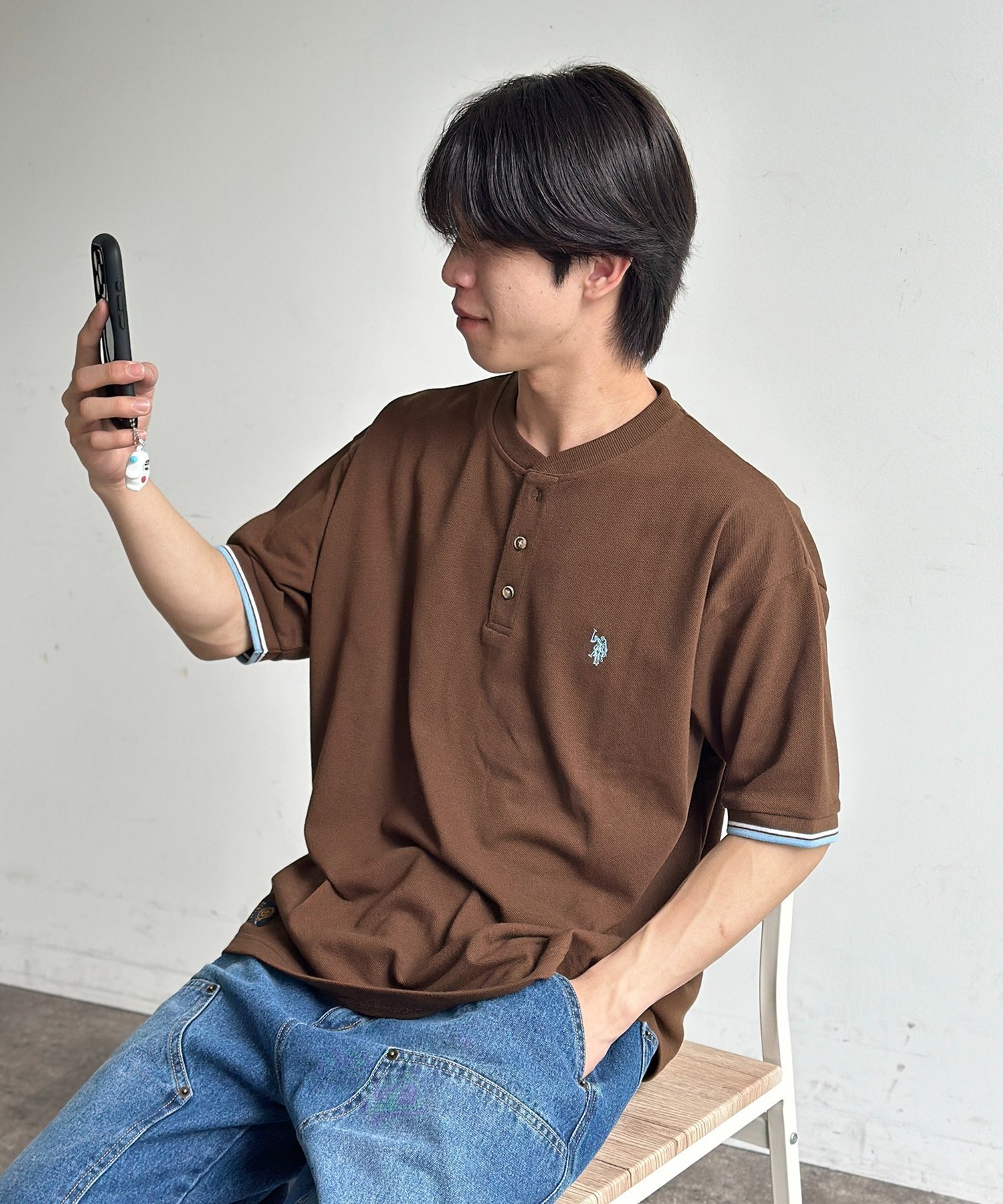 CPCM 【U.S. POLO ASSN.】配色リブ鹿の子ヘンリー シーピーシーエム トップス カットソー・Tシャツ ネイビー ブラック ブラウン【送料無料】