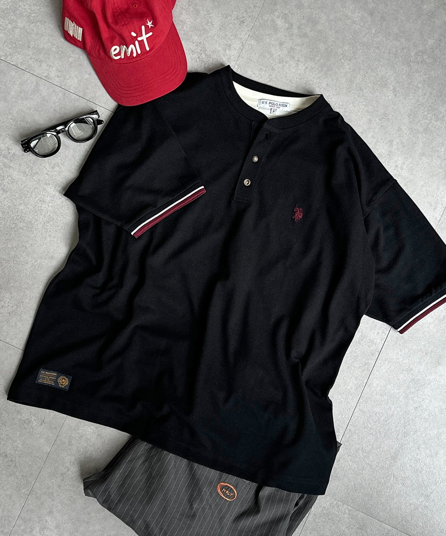 CPCM 【U.S. POLO ASSN.】配色リブ鹿の子ヘンリー シーピーシーエム トップス カットソー・Tシャツ ネイビー ブラック ブラウン【送料無料】
