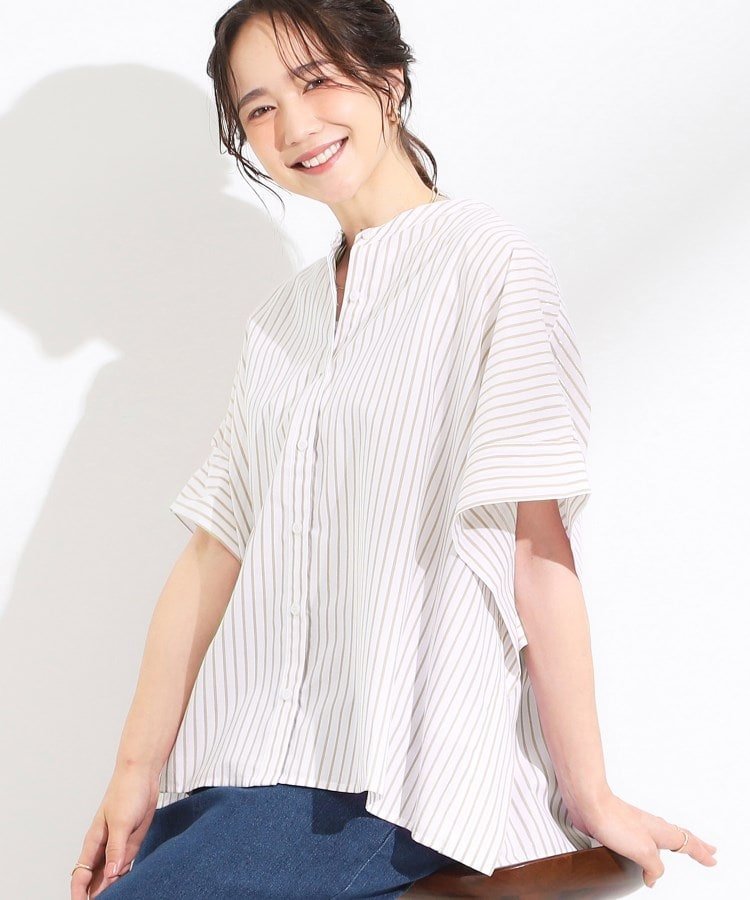 【SALE／50%OFF】SHOO・LA・RUE きれいめカジュアルに ラメストライプ ポンチョ風シャツ シューラルー トップス シャツ・ブラウス ベージュ ピンク ネイビー