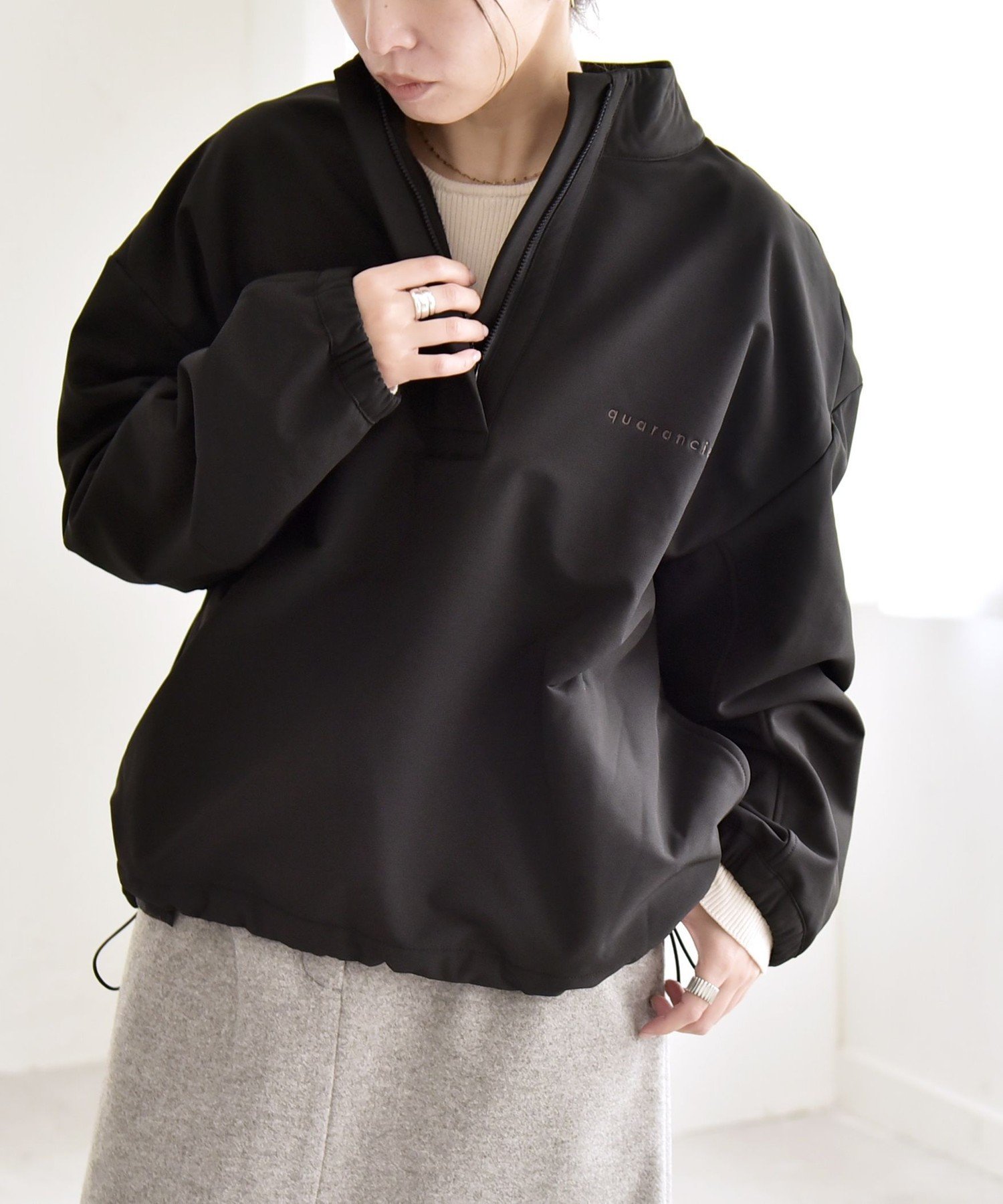 quaranciel quaranciel:＜洗濯機可能＞ハーフ ジップ ロゴ 刺繍 ドロスト プルオーバー シップス トッ..