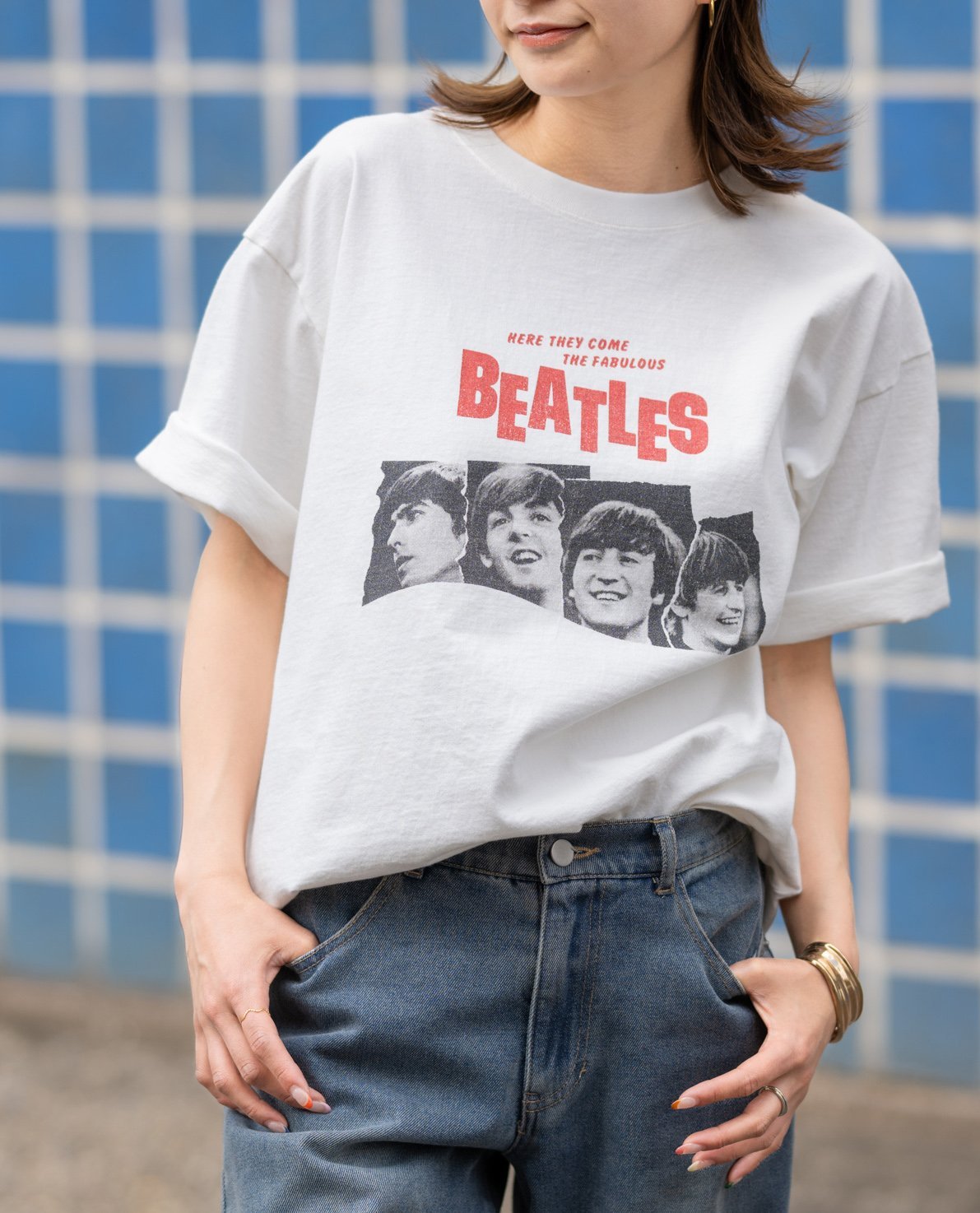 YEVS ビートルズ Tシャツ 半袖 ツアー プリント レトロ風 メンズ イーブス トップス カットソー Tシャツ ホワイト グレー【送料無料】