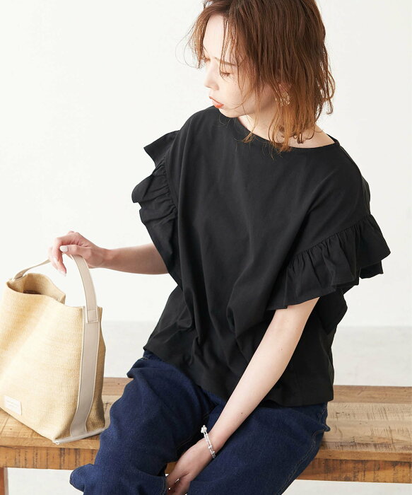 【SALE／50%OFF】ROPE' PICNIC TRUE COTTON/フリルカットトップス ロペピクニック カットソー カットソーその他 ブラック ホワイト グリーン パープル