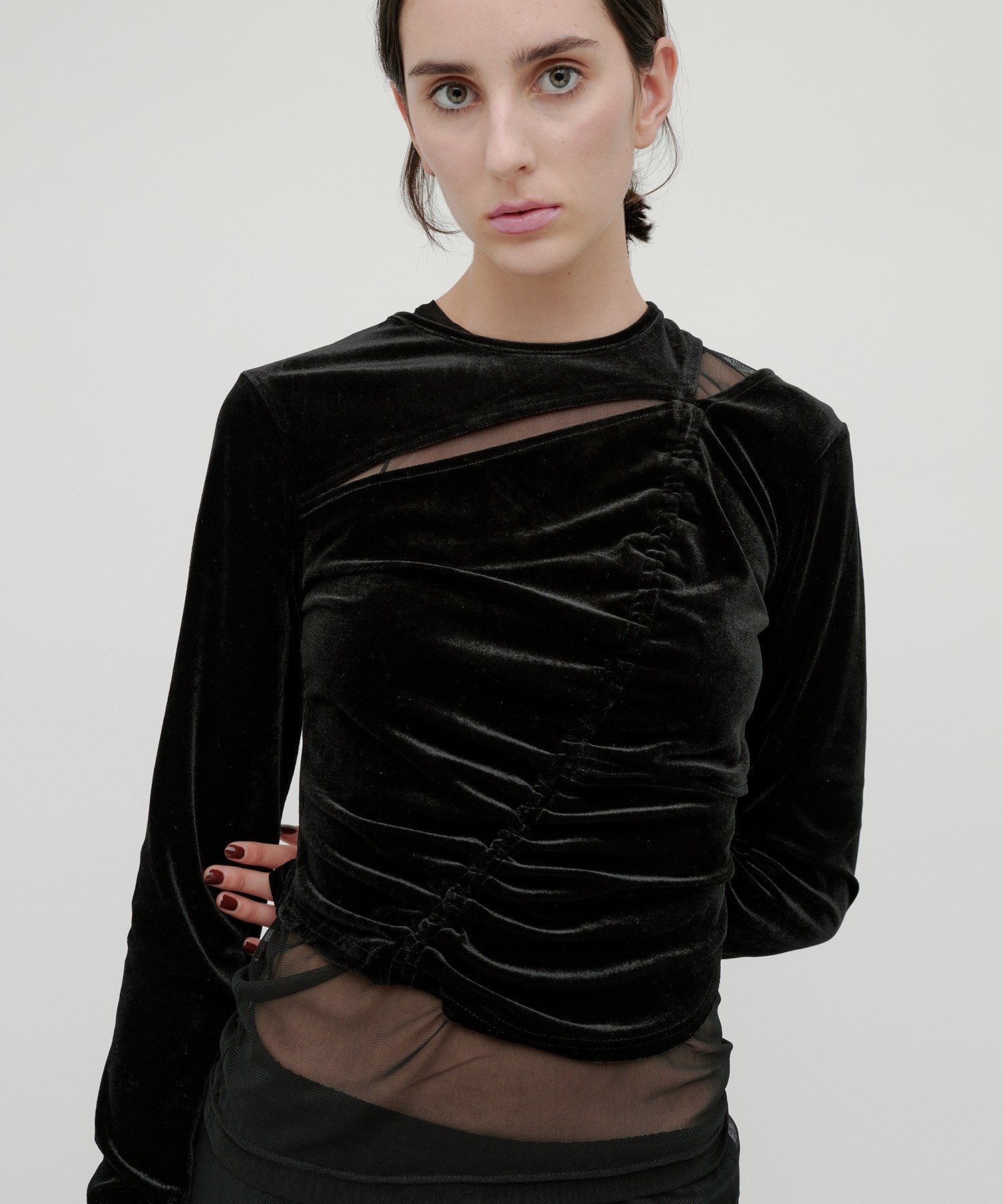 kiehtova kiehtova/VELOR SLIT GATHER TOPS/ベロア スリット ギャザー トップス KTWR46 セットアップセブン トップス カットソー・Tシャツ ブラック ホワイト ピンク【送料無料】