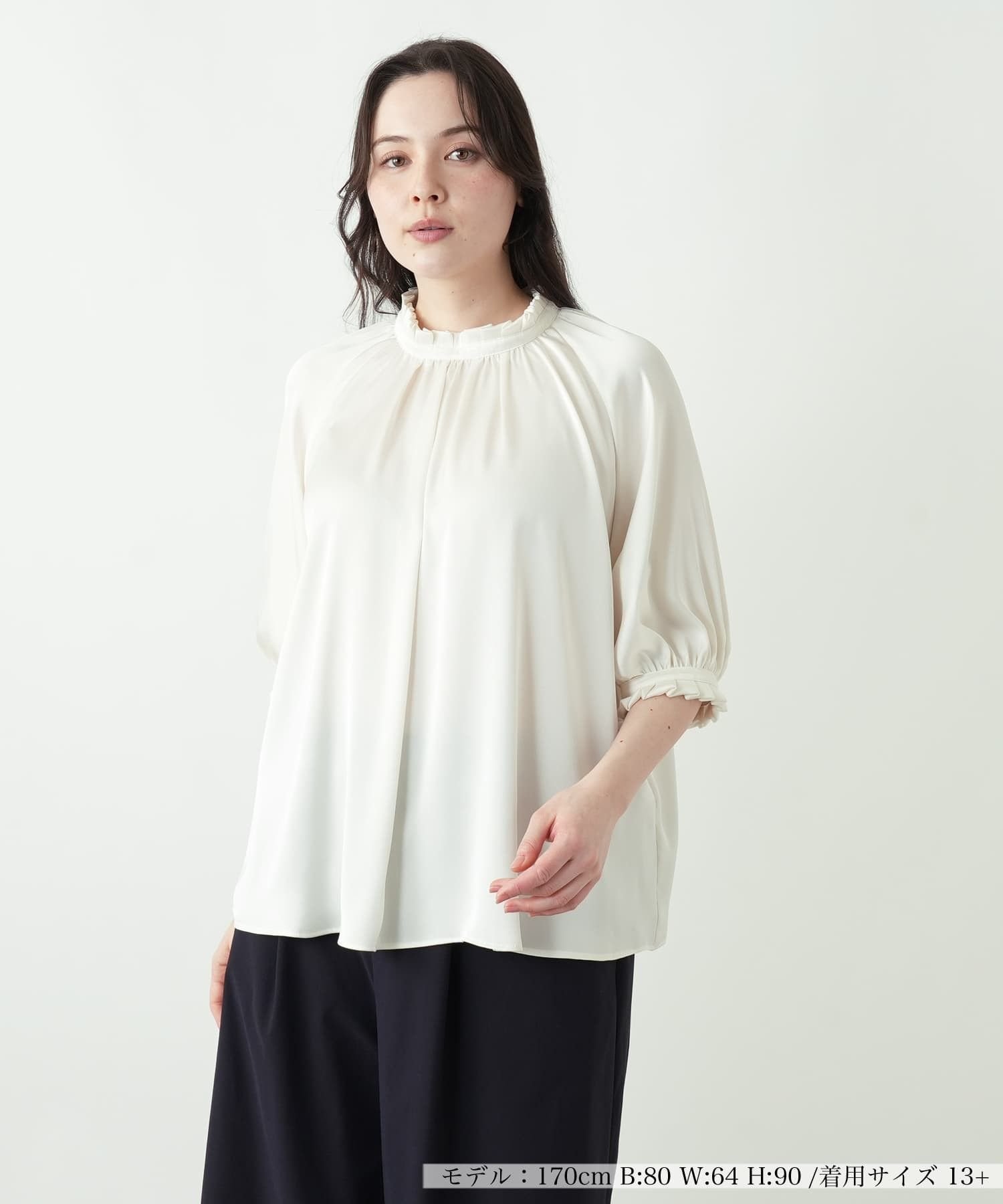 Leilian PLUS HOUSE ギャザーネックパフスリーブブラウス【BOURGE】 レリアン プラスハウス トップス シャツ・ブラウス ブラウン ネイビー ホワイト