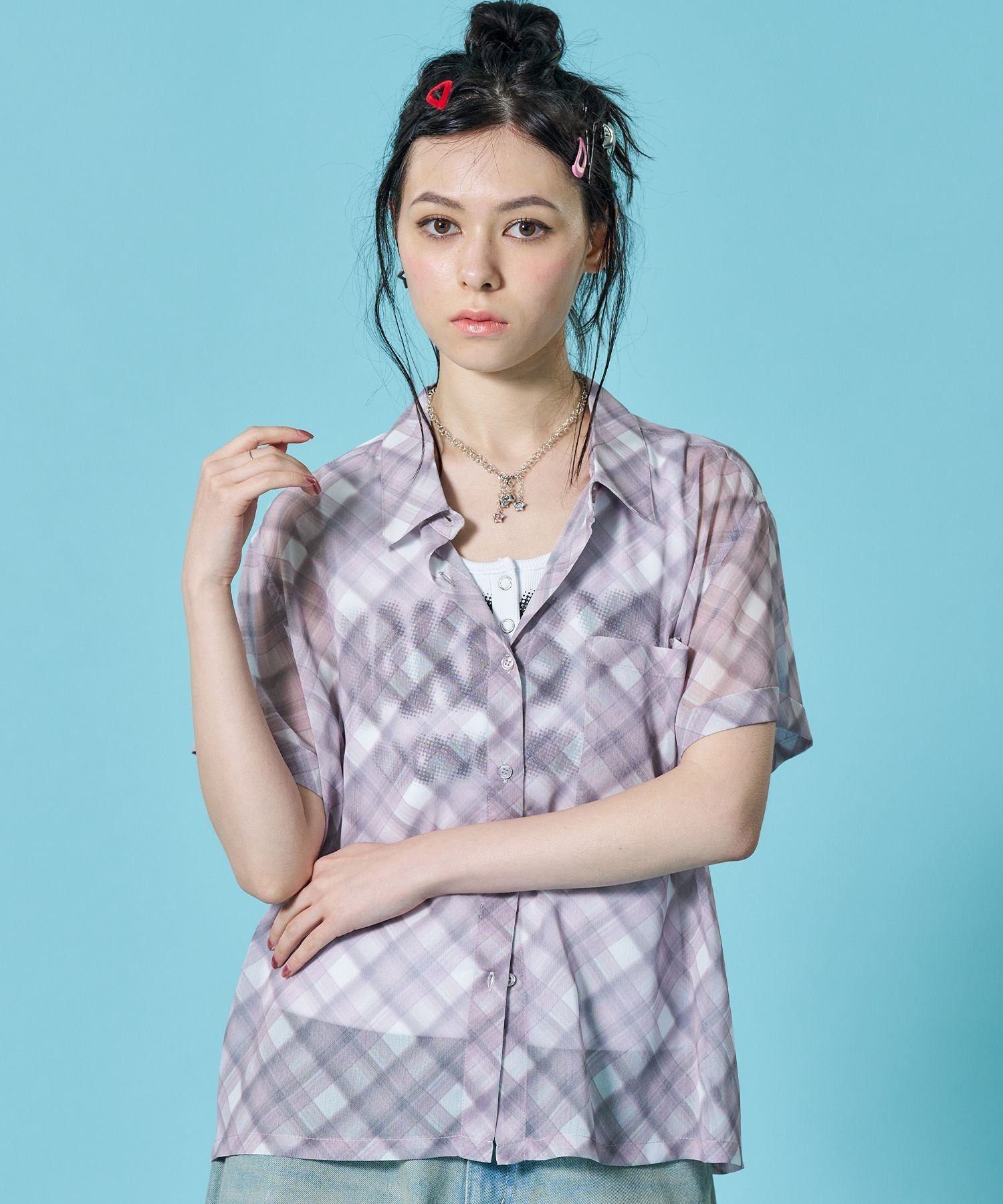 Sleeveless - B ONE SOUL ※WEB限定 / シアー素材 / レディースチェック半袖シャツ / sqnz sheer check shirts ナバル トップス シャツ・ブラウス ブルー ピンク グリーン【送料無料】