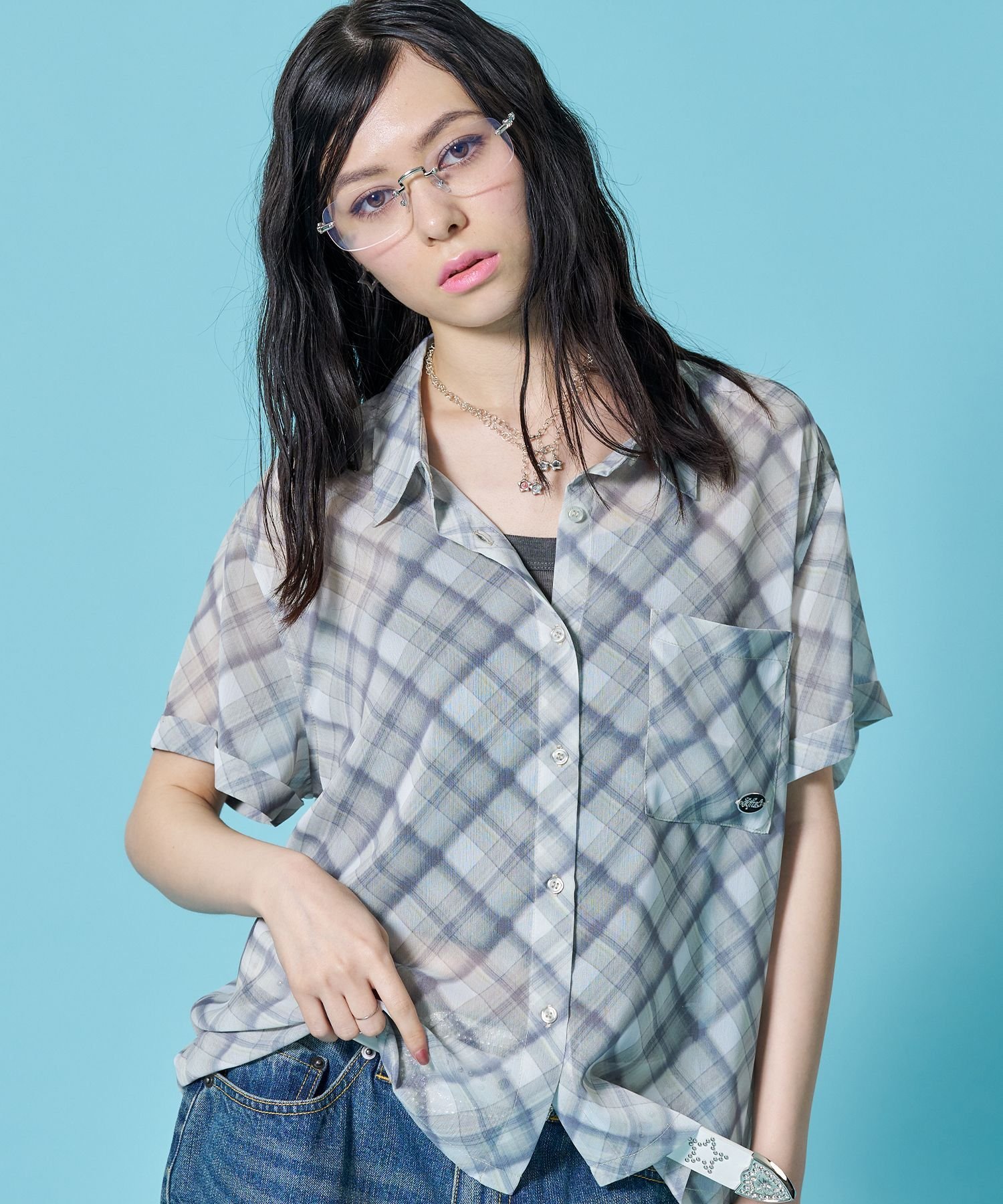 B ONE SOUL 【sqnz/エスキュンズ】※WEB限定 / シアー素材 / レディースチェック半袖シャツ / sqnz sheer check shirts ナバル トップス シャツ・ブラウス ブルー ピンク グリーン【送料無料】