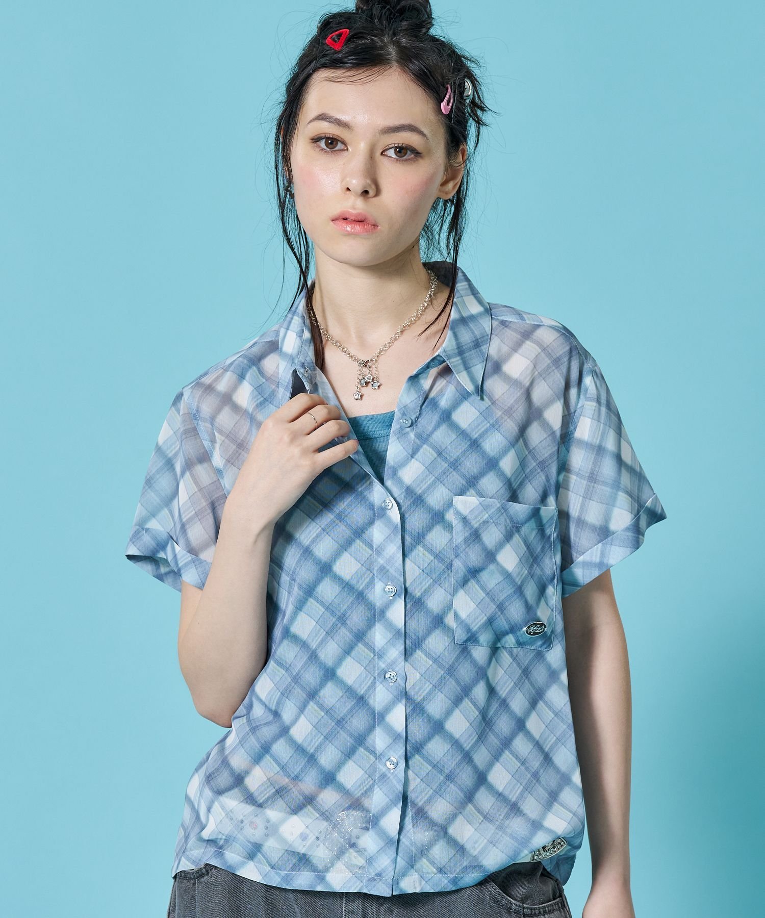 B ONE SOUL 【sqnz/エスキュンズ】※WEB限定 / シアー素材 / レディースチェック半袖シャツ / sqnz sheer check shirts ナバル トップス シャツ・ブラウス ブルー ピンク グリーン【送料無料】