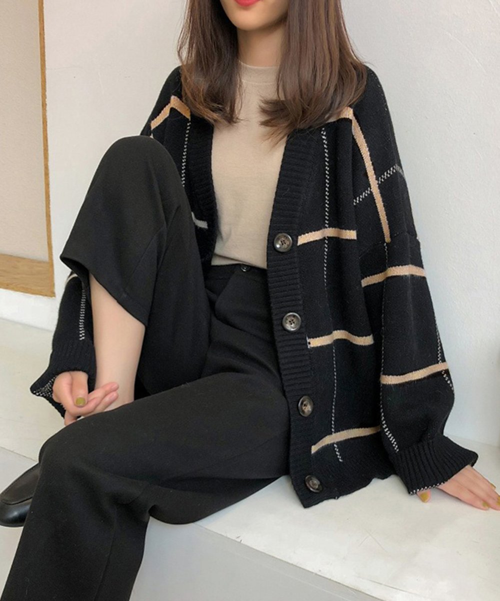 【SALE／30%OFF】miniministore ニットカーディガン BIGチェック柄秋冬 ミニミニストア トップス カーディガン ブラック ベージュ ホワイトのサムネイル