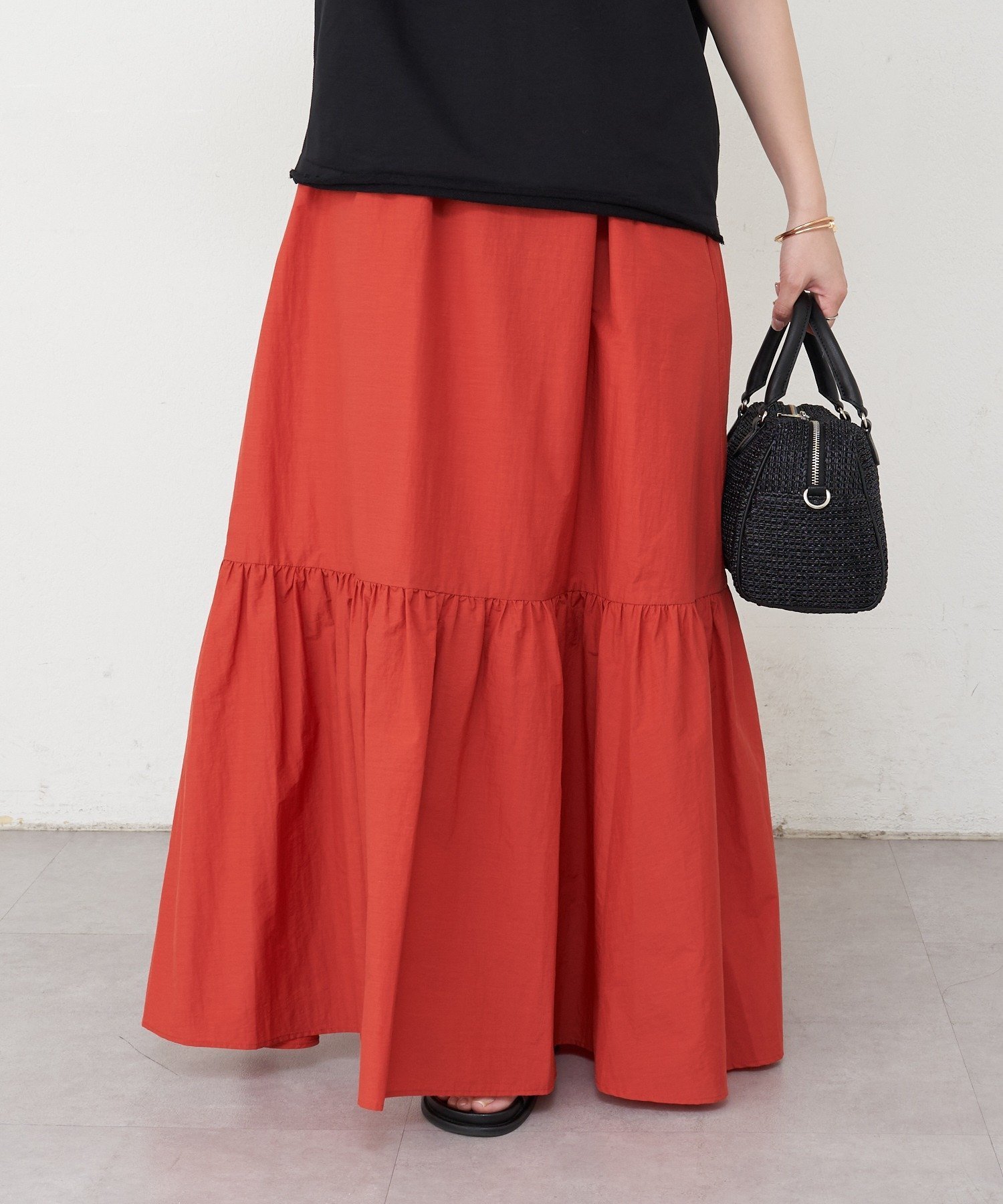 【SALE／15%OFF】russet ティアードロングスカート ラシット スカート ロング・マキシスカート レッド ブラック【送料無料】