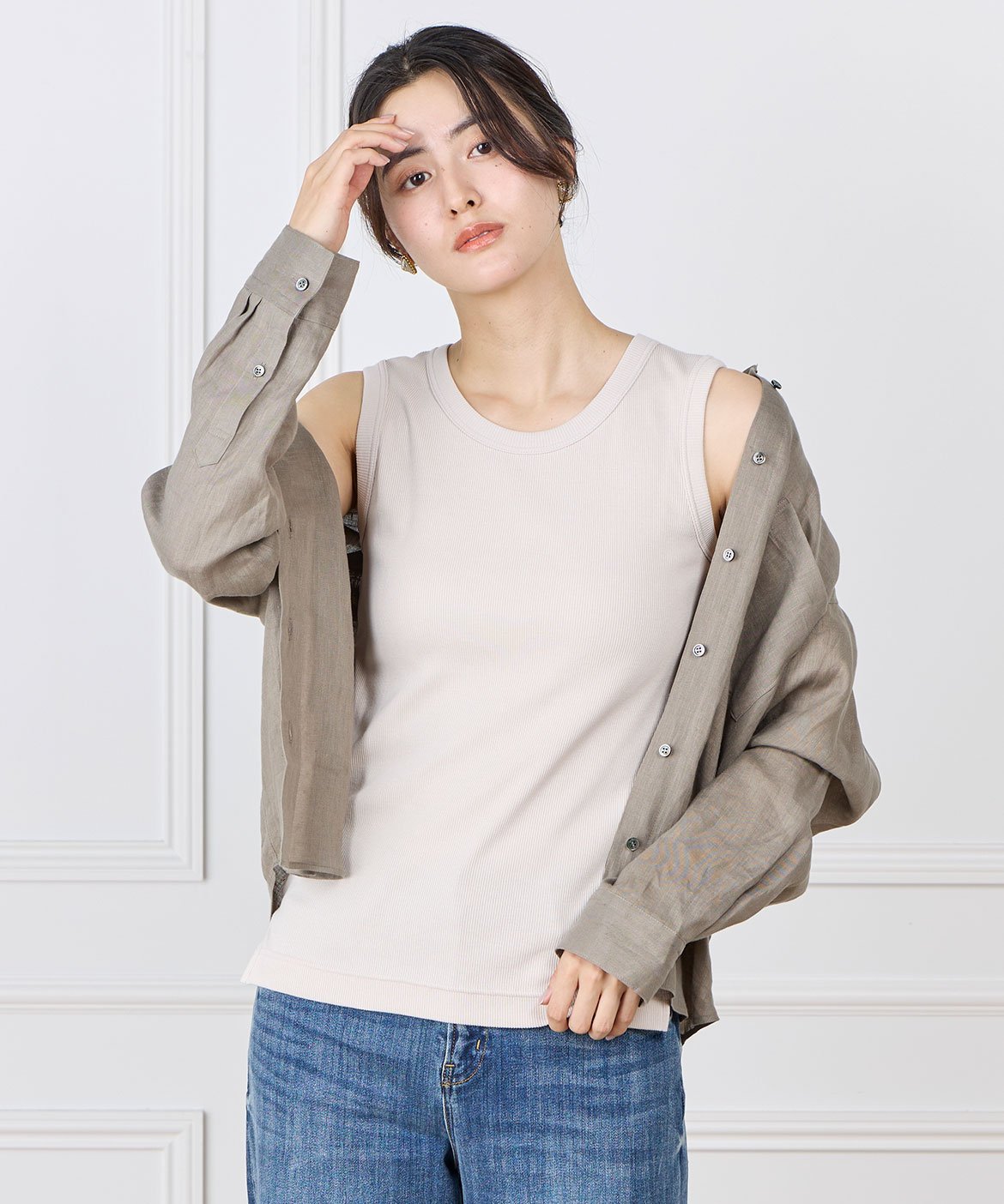 INED コットンリブタンクトップ《YVON》 イネド トップス ノースリーブ・タンクトップ ベージュ ホワイト ネイビー ブラック