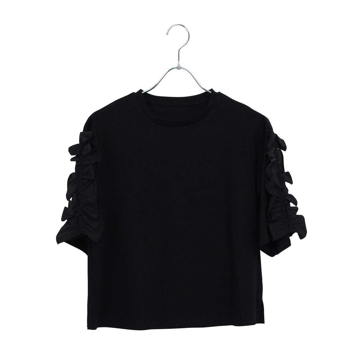 Liliane Burty Eclat 【洗える】袖配色フリルTシャツ リリアンビューティ エクラ トップス カットソー・Tシャツ ブラック ホワイト ピンク
