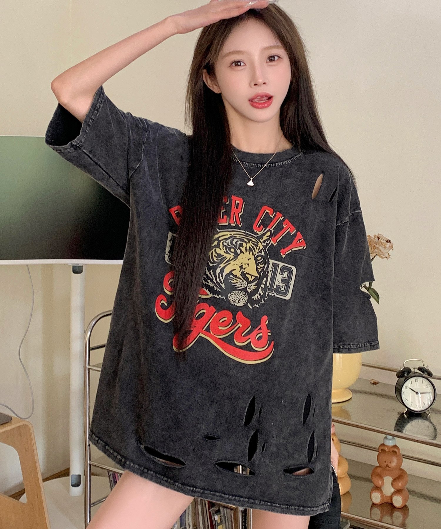 タイガープリント ダメージ加工 ピグメント 半袖 Tシャツ メンズ レディース デバイス トップス カットソー・Tシャツ ブラック