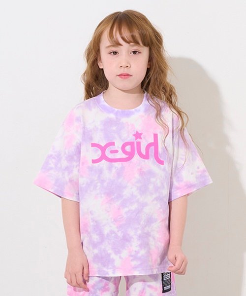【SALE／50%OFF】X-girl Stages 【TBSドラマ フェイクマミー 着用アイテム】ロゴプリント手染めタイダイ半袖Tシャツ ナルミヤオンライン トップス カットソー・Tシャツ ピンク オレンジのサムネイル