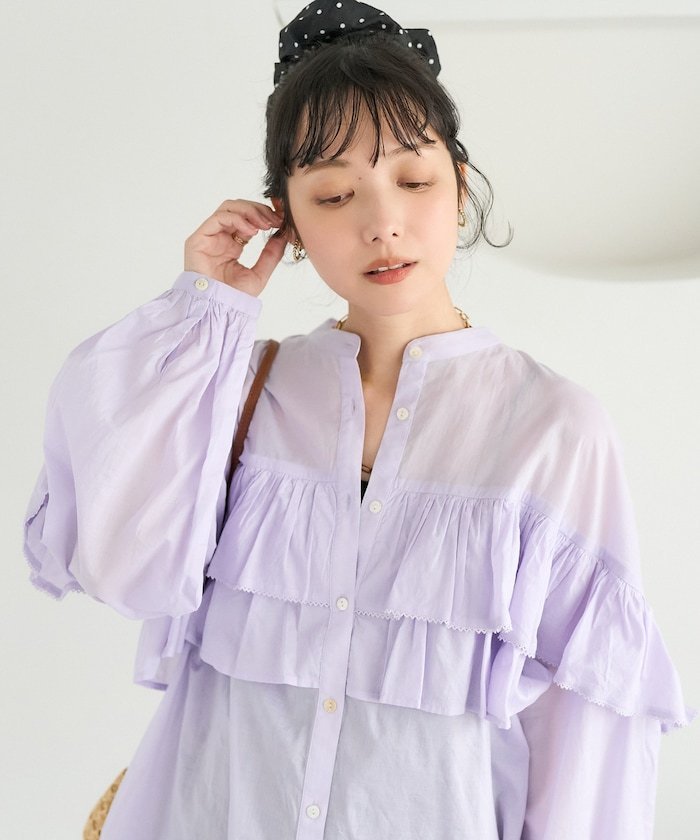 FREAK'S STORE インドボイル フリルロングスリーブブラウス フリークスストア トップス シャツ・ブラウス ホワイト ブラック パープル【送料無料】