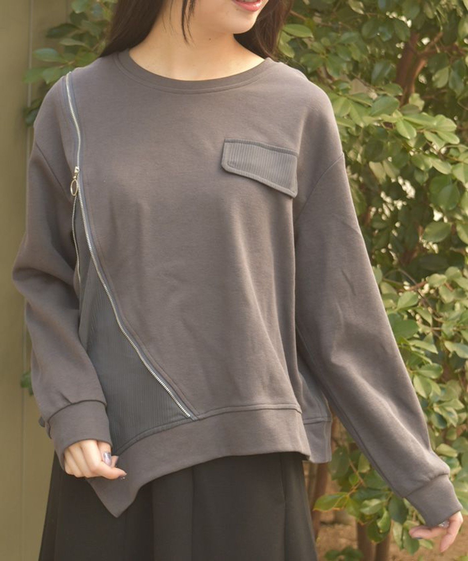 変形ジッププルオーバー アクシーズファム トップス カットソー・Tシャツ グレー ホワイト