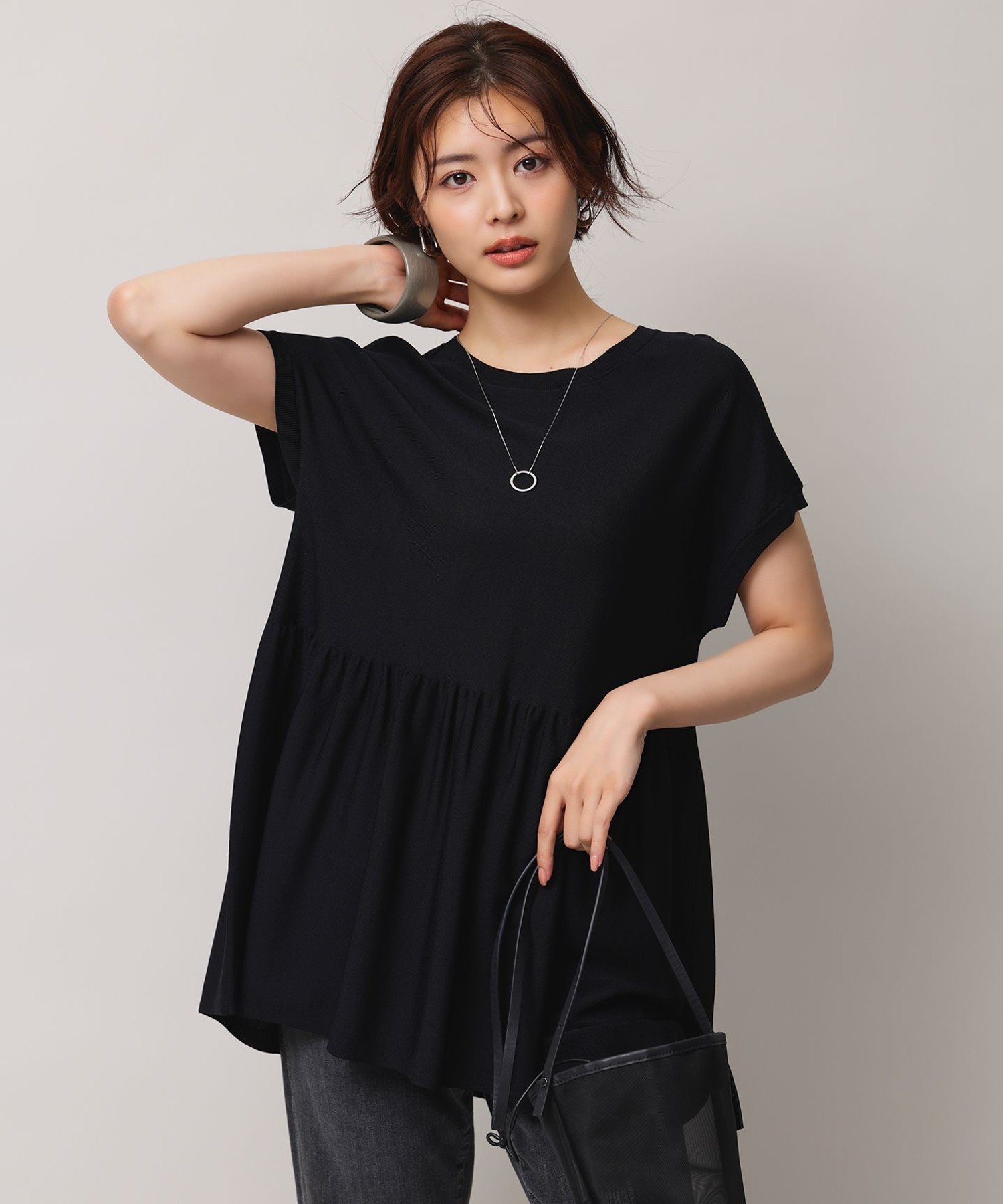 UNFILO スゴ機能美ニット フレンチスリーブ ペプラム アンフィーロ トップス ニット グレー ブラック ブルー ブラウン