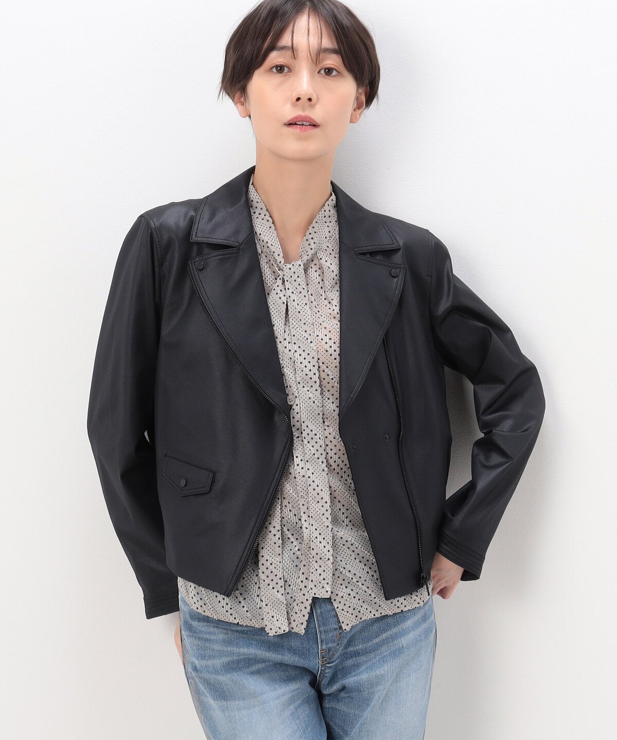 K.T KIYOKO TAKASE ポンチフェイクレザーエンボス ライダースジャケット コムサ ジャケット・アウター ライダースジャケット ブラウン ブラック