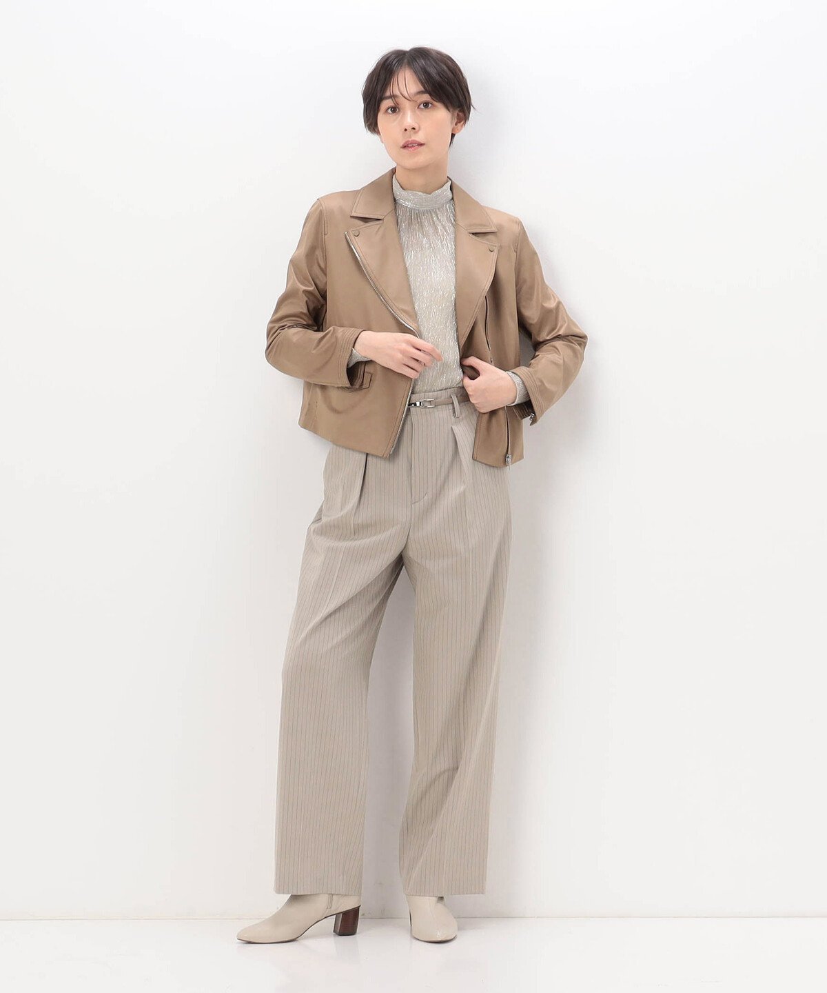 K.T KIYOKO TAKASE ポンチフェイクレザーエンボス ライダースジャケット コムサ ジャケット・アウター ライダースジャケット ブラウン ブラック
