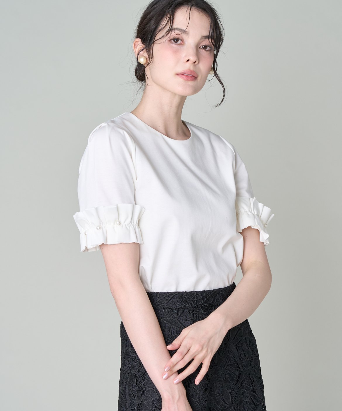 Maglie par ef-de 袖フリルプルオーバー マーリエ ル カセット トップス カットソー・Tシャツ ホワイト ネイビー ブルー