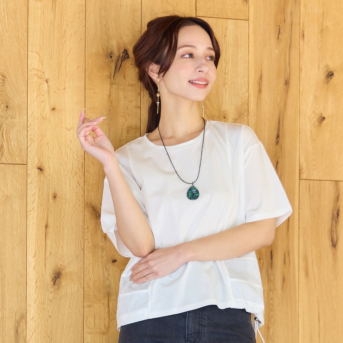 Liliane Burty Eclat 【洗える】メッシュ配色デザインTシャツ リリアンビューティ エクラ トップス カットソー・Tシャツ ブラック ホワイト