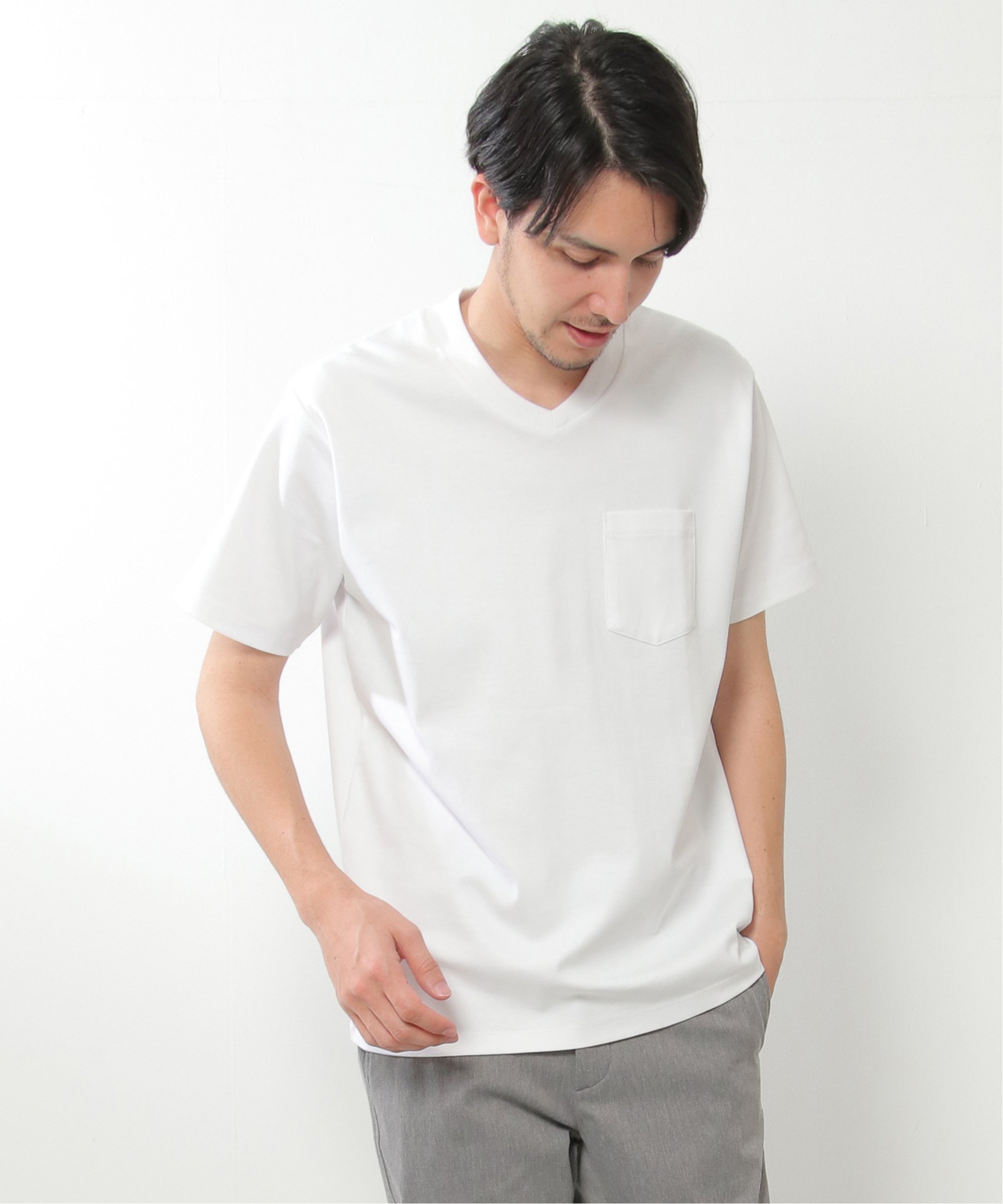 IKKA LOUNGE ポンチVネックジャケットTシャツ イッカ トップス カットソー・Tシャツ ホワイト