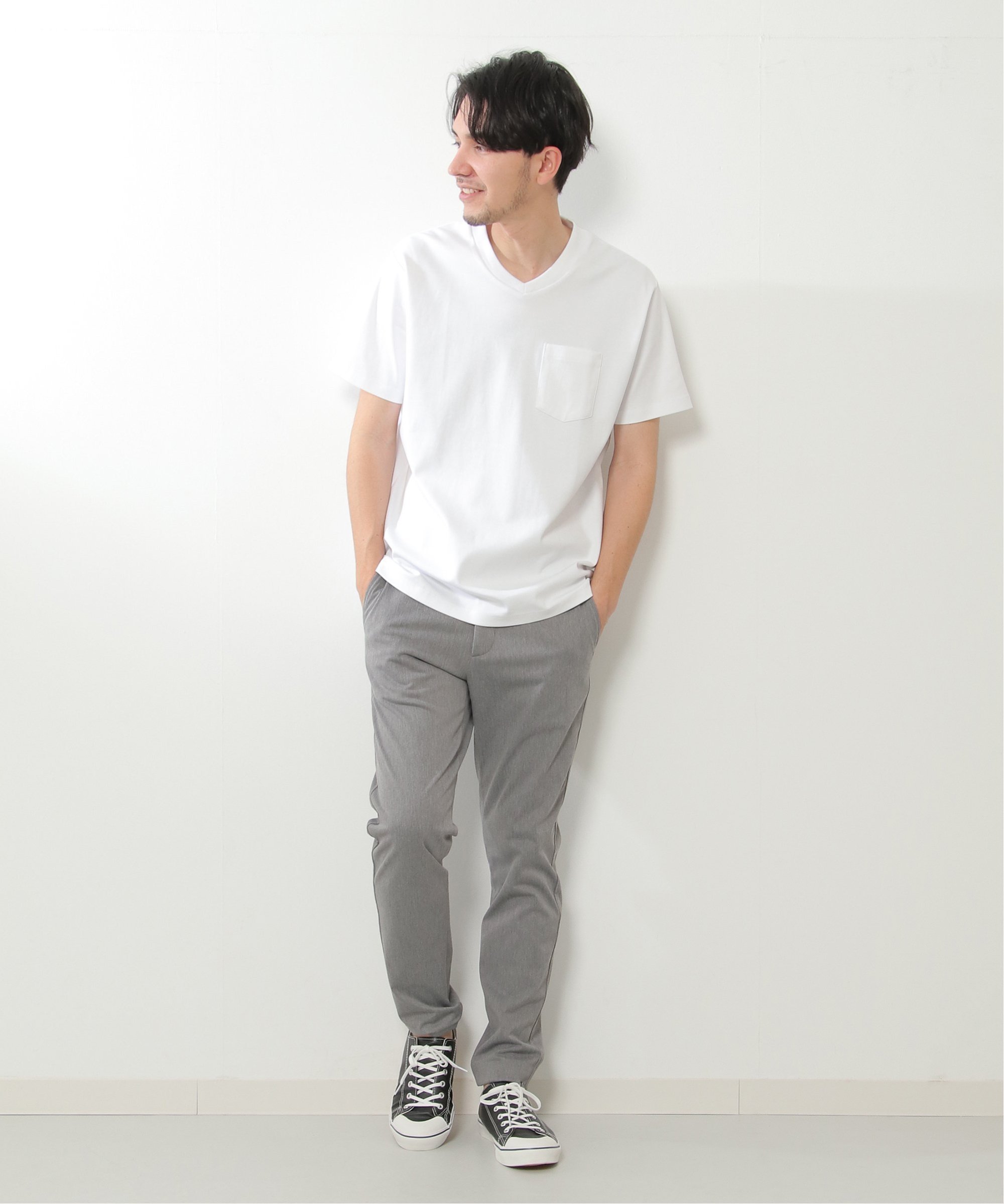 IKKA LOUNGE ポンチVネックジャケットTシャツ イッカ トップス カットソー・Tシャツ ホワイト