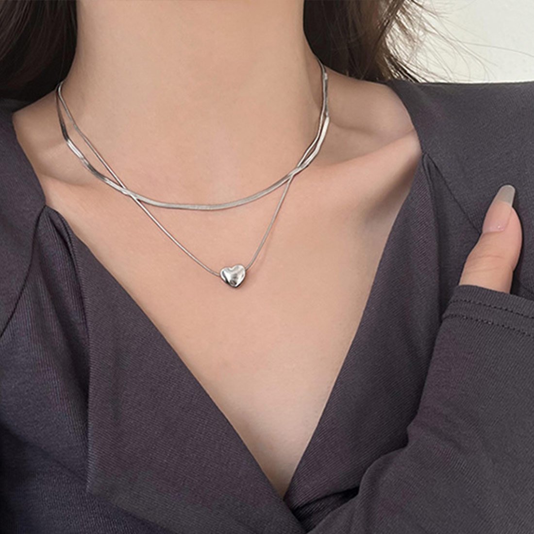 【SALE／20%OFF】Forcement ハートモチーフネックレス&スネークチェーン2連ネックレス メゾンドラティール アクセサリー・腕時計 ネックレス シルバー