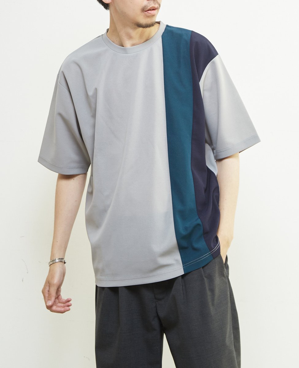 MEN'S MELROSE 【MASTER FRAME/マスターフレーム】ジョーゼットパネルストライプTシャツ メンズメルローズ トップス カットソー・Tシャツ ネイビー グレー