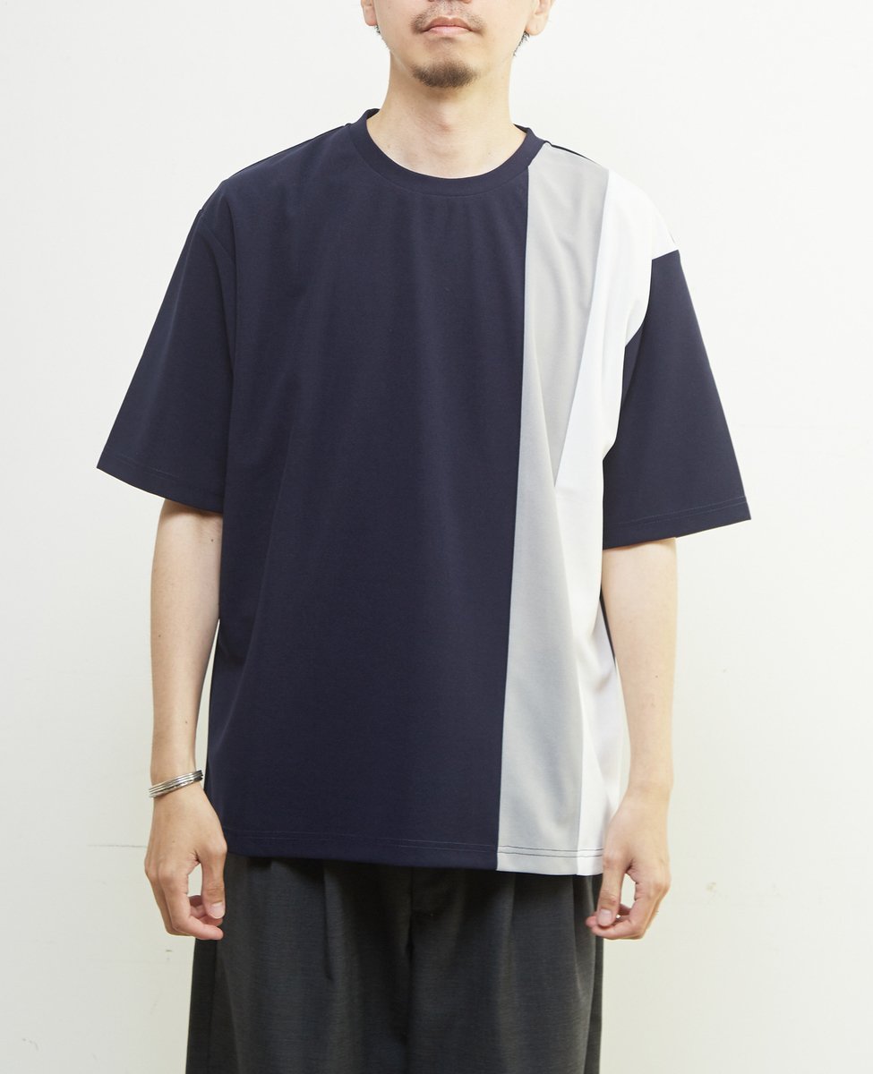 MEN'S MELROSE 【MASTER FRAME/マスターフレーム】ジョーゼットパネルストライプTシャツ メンズメルローズ トップス カットソー・Tシャツ ネイビー グレー
