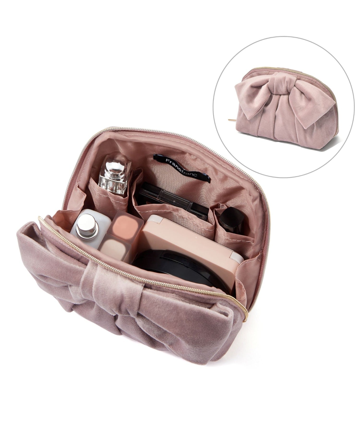 Francfranc ベロアリボン ポーチ S ポケット付き 化粧ポーチ コスメ収納 コンパクト フランフラン 財布・ポーチ・ケース ポーチ ピンク