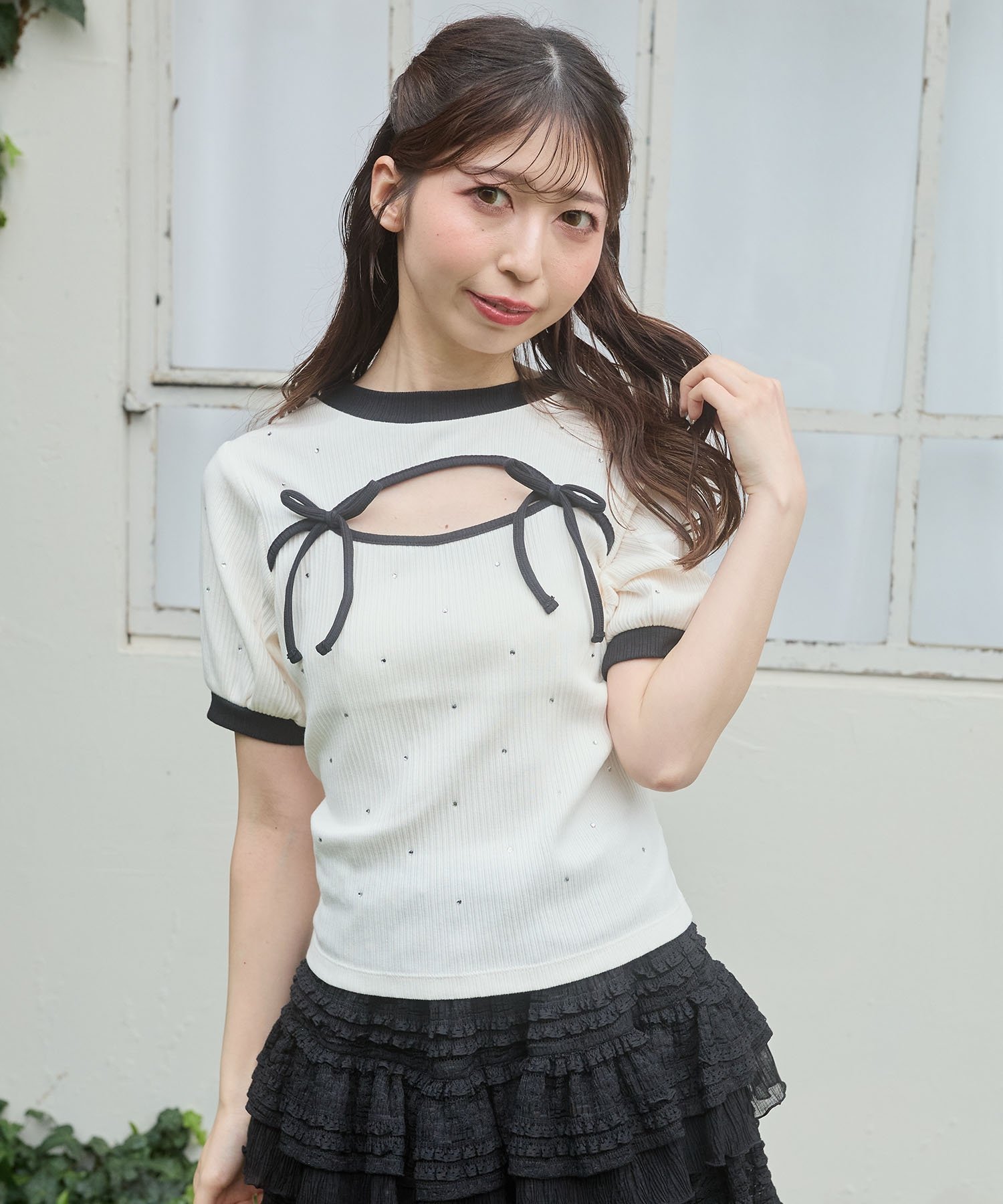 MAJESTIC LEGON デコルテオープンラインストーントップス マジェスティックレゴン トップス カットソー・Tシャツ パープル ブラック グリーン ホワイト