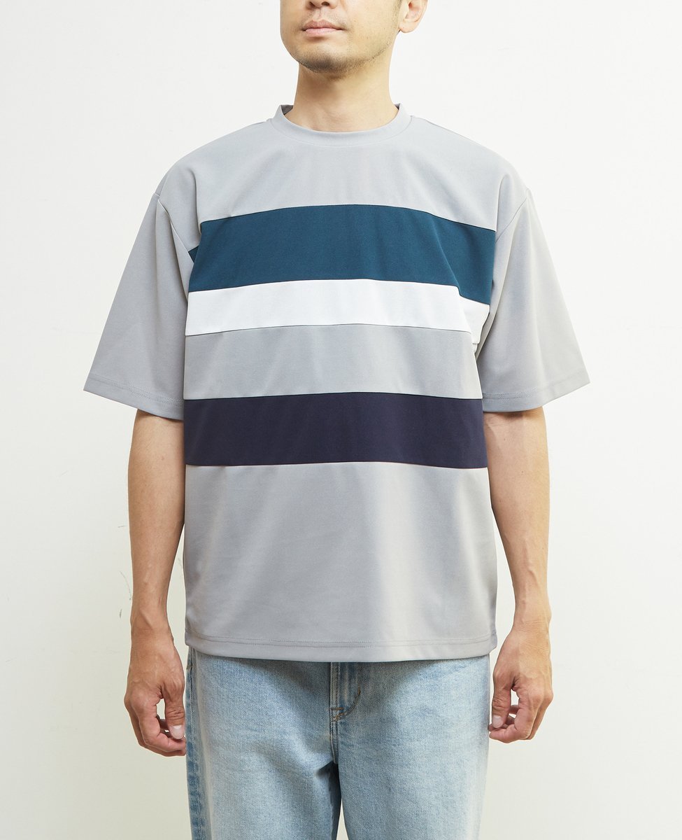 MEN'S MELROSE 【MASTER FRAME/マスターフレーム】ジョーゼットパネルボーダーTシャツ メンズメルローズ トップス カットソー・Tシャツ ネイビー グレー