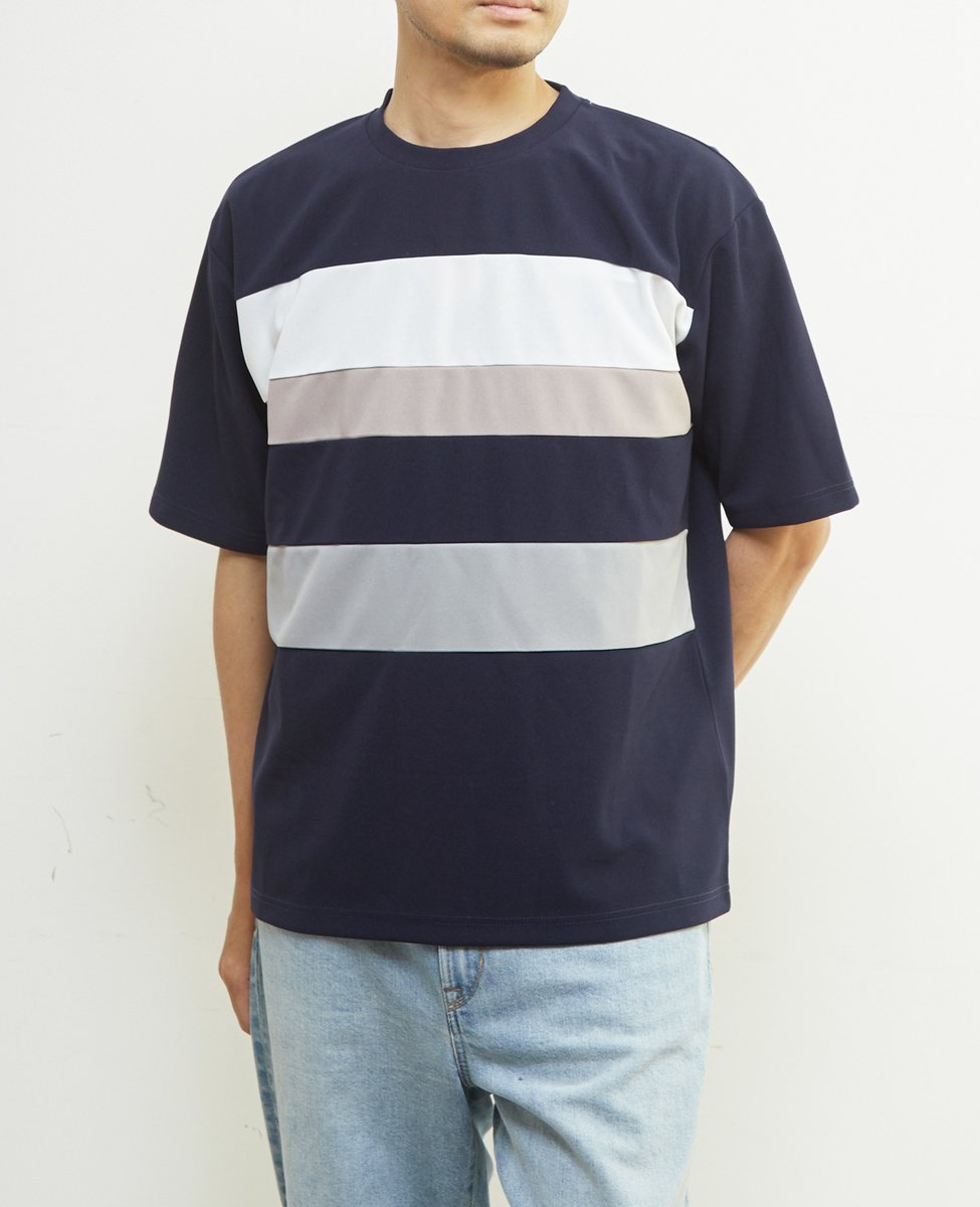 MEN'S MELROSE 【MASTER FRAME/マスターフレーム】ジョーゼットパネルボーダーTシャツ メンズメルローズ トップス カットソー・Tシャツ ネイビー グレー