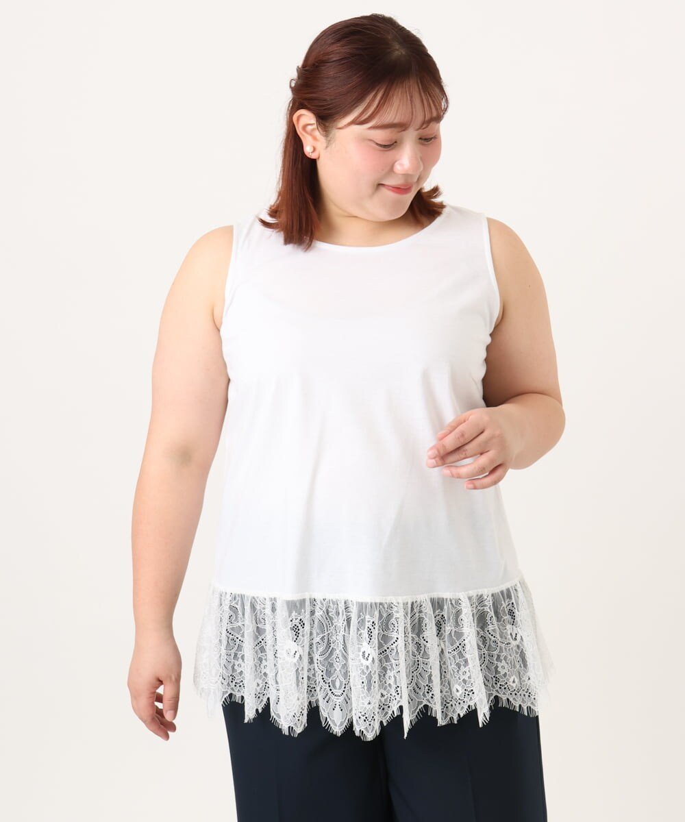 【大きいサイズ】レースヘムタンクトップ エウルキューブ トップス カットソー・Tシャツ ブラック ホワイト