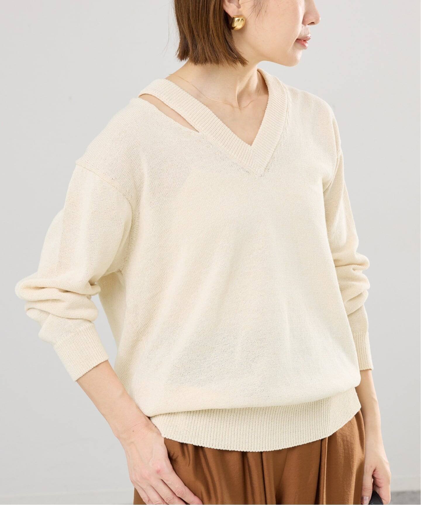 IENA カットオフカラーVネックプルオーバー イエナ トップス ニット ベージュ ブラック