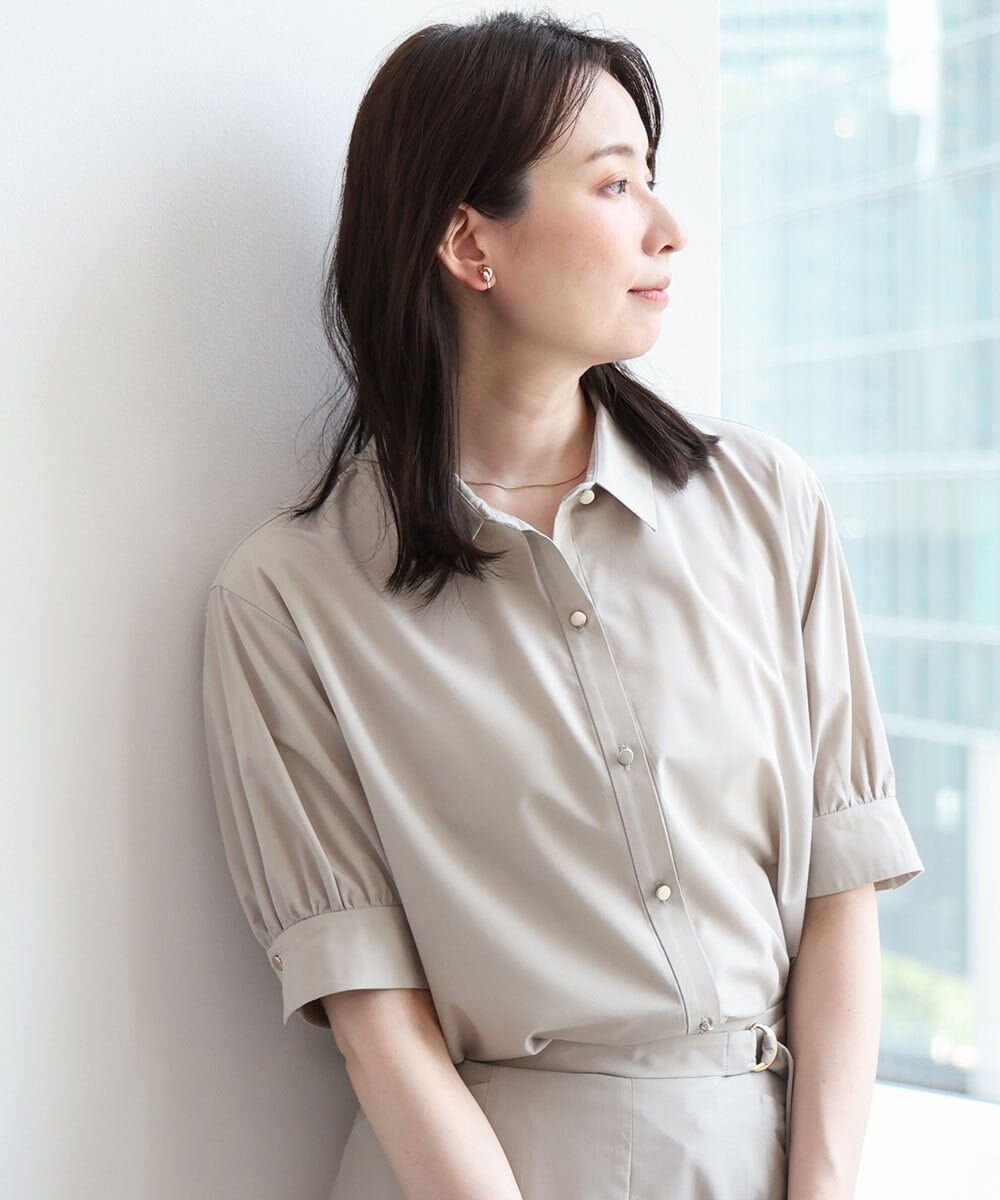 OFUON 衿付きタックスリーブシャツブラウス/接触冷感/UVカット/洗える/WEB限定サイズあり/セットアップ可 オフオン トップス シャツ・ブラウス ネイビー ベージュ