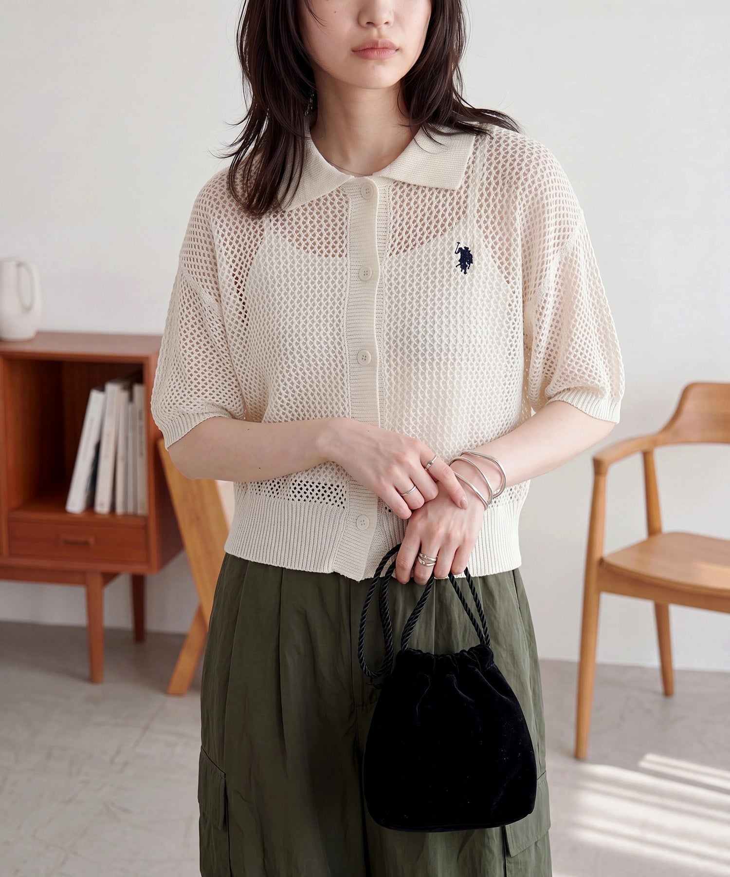 U.S. POLO ASSN. U.S. POLO ASSN./ワンポイント刺繍 メッシュニットシャツトップス セットアップセブン トップス ニット ホワイト ブラウン ブラック ネイビー