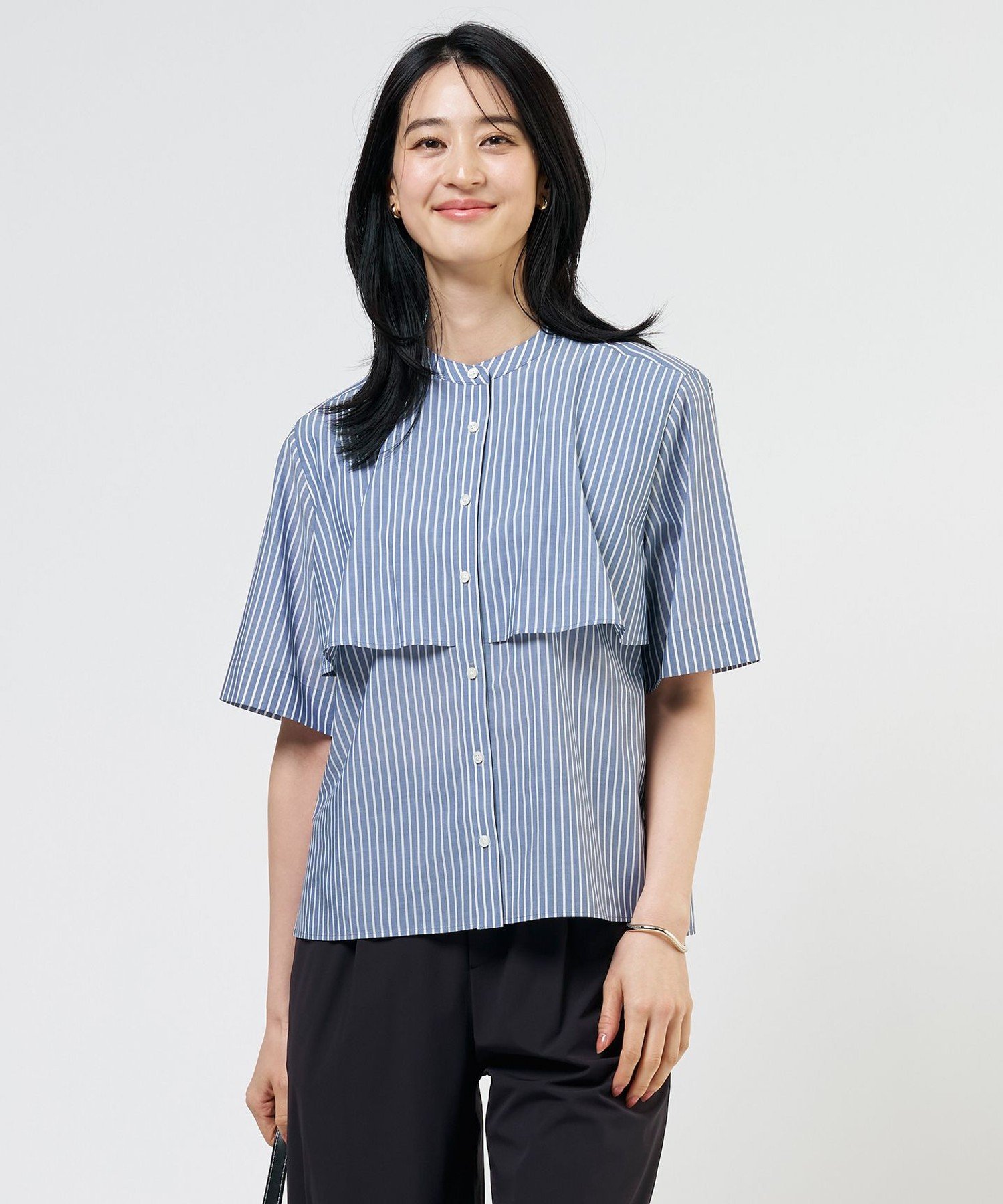 J.PRESS LADIES L 【一枚で着映え】シルフィーローン ストライプ バンドカラー ブラウス ジェイプレス トップス シャツ・ブラウス ネイビー ブルー ベージュ