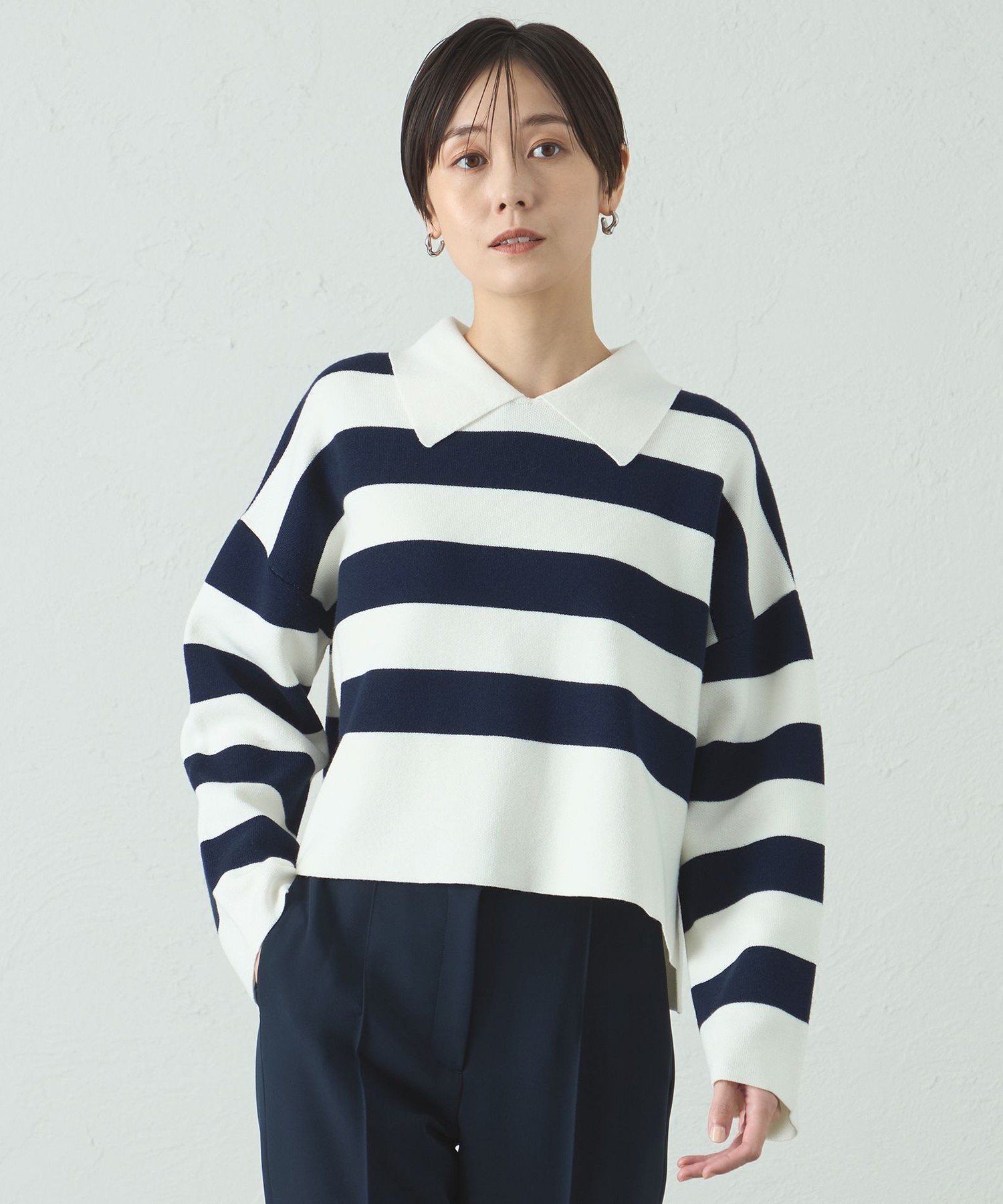 CAST: 【1枚で着映える】ビックボーダークロップドニット キャスト コロン トップス ニット ネイビー グレー【送料無料】のサムネイル