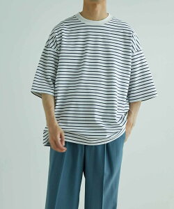 ADAM ET ROPE' HOMME スーピマコットン 32Gポンチ ロイヤルクール オーバーサイズ ボーダーTシャツ アダムエロペ カットソー カットソーその他 ネイビー ブルー【送料無料】