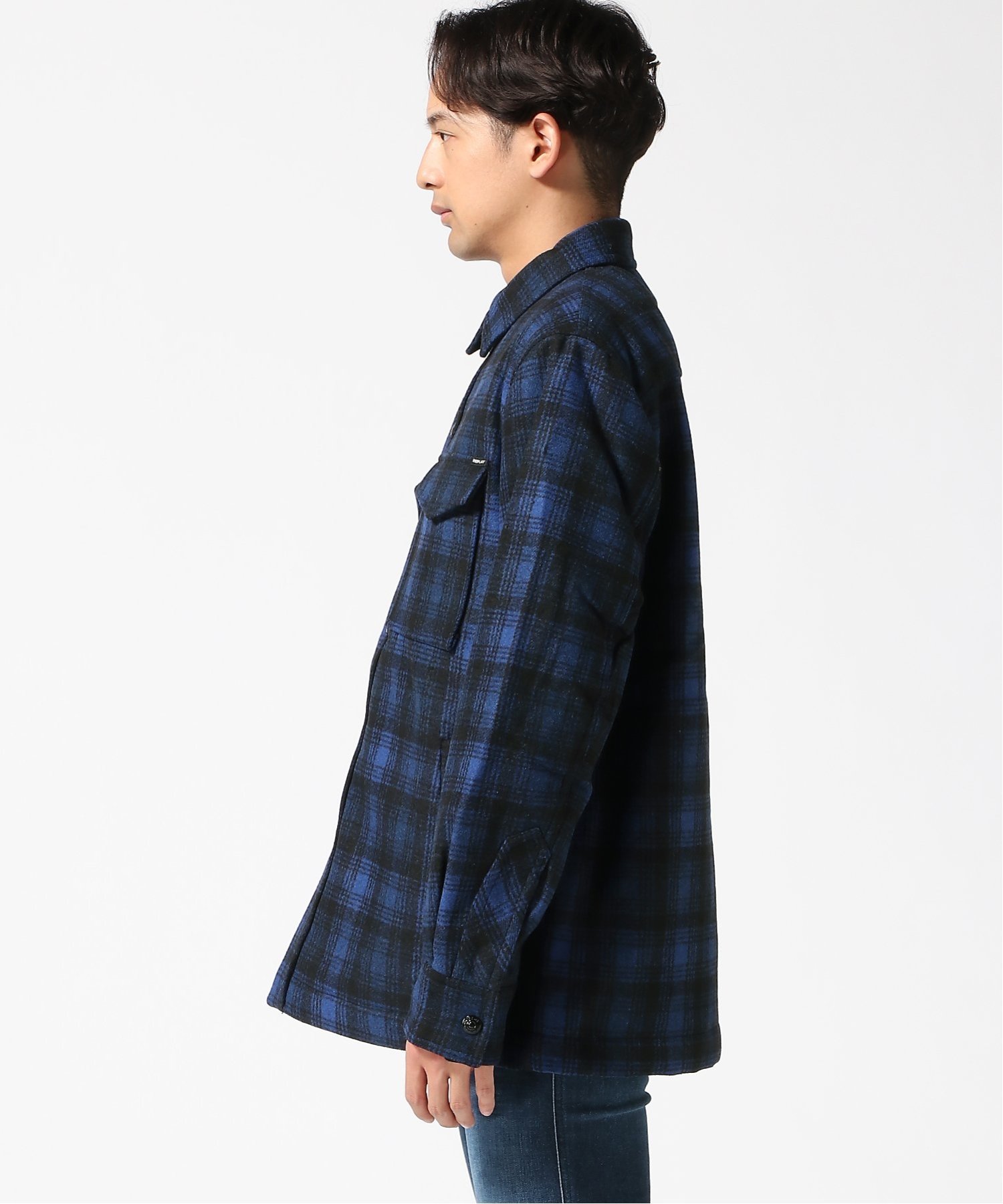 【SALE／70%OFF】REPLAY (M)ブラッシュドウーレンチェックのシャツジャケット リプレイ ジャケット・アウター その他のジャケット・アウター ブルー【送料無料】