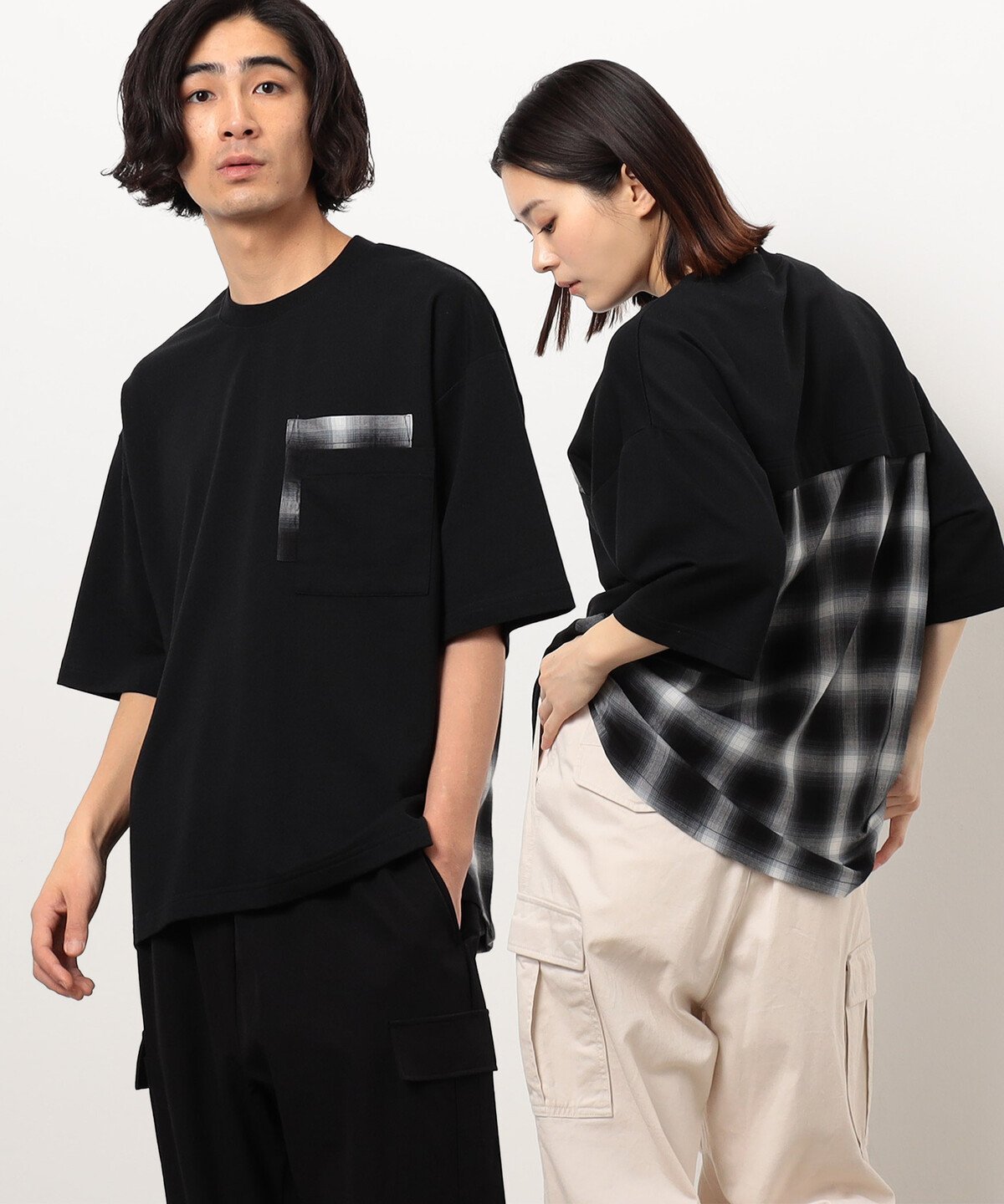 Purple&Yellow チェック切り替えプルオーバー コムサイズム トップス カットソー・Tシャツ ブラック