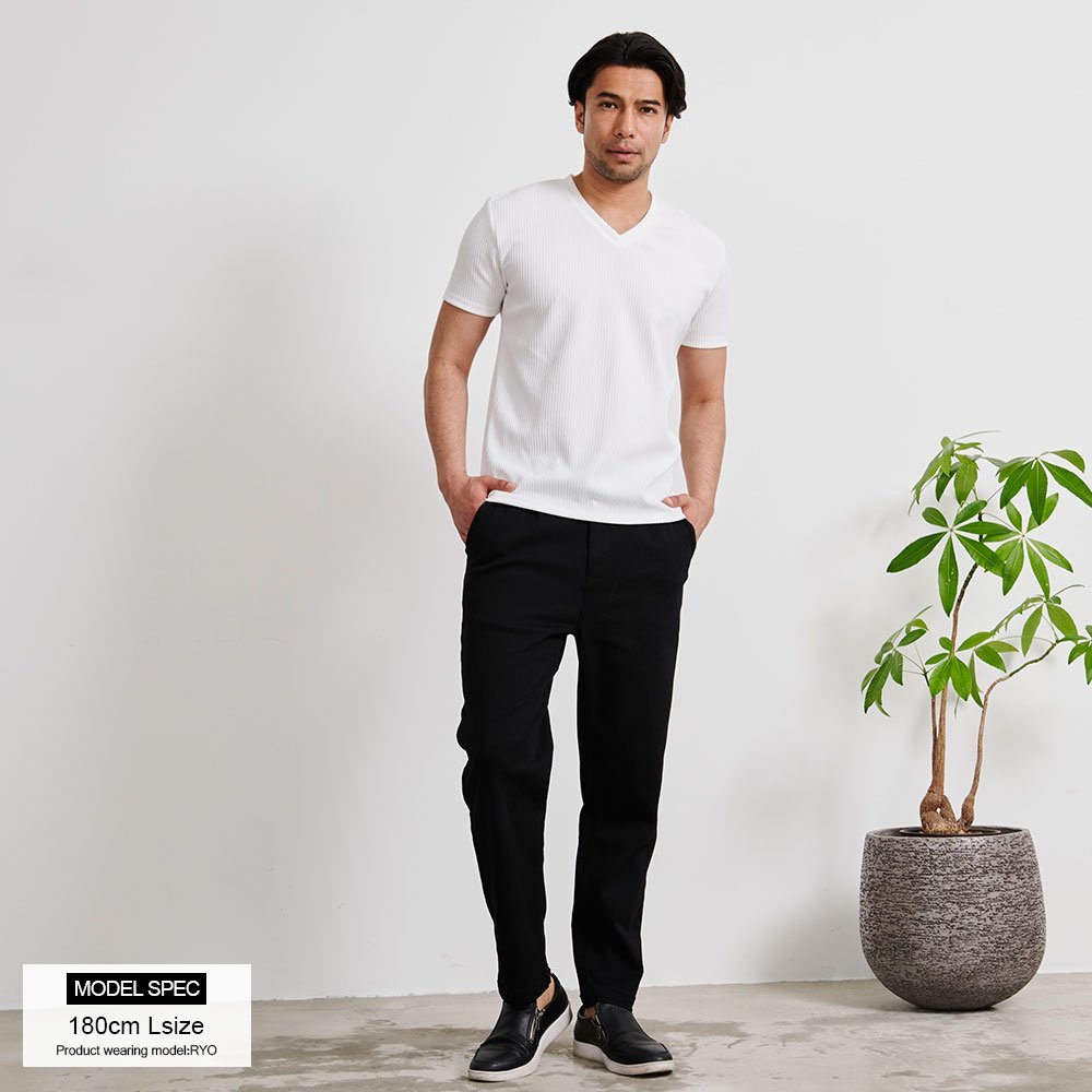 CavariA ピケストライプ半袖VネックTシャツ シルバーバレット トップス カットソー・Tシャツ ホワイト ブラック