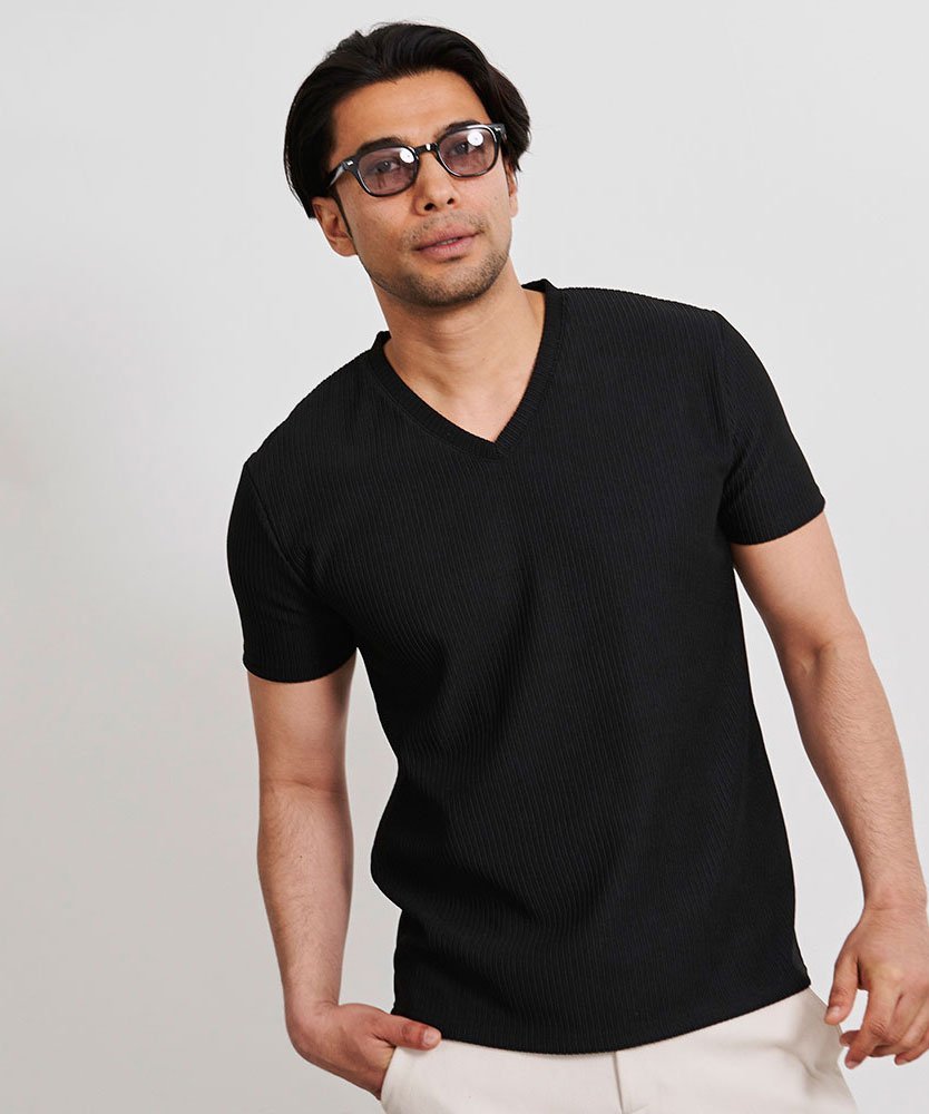 CavariA ピケストライプ半袖VネックTシャツ シルバーバレット トップス カットソー・Tシャツ ホワイト ブラック