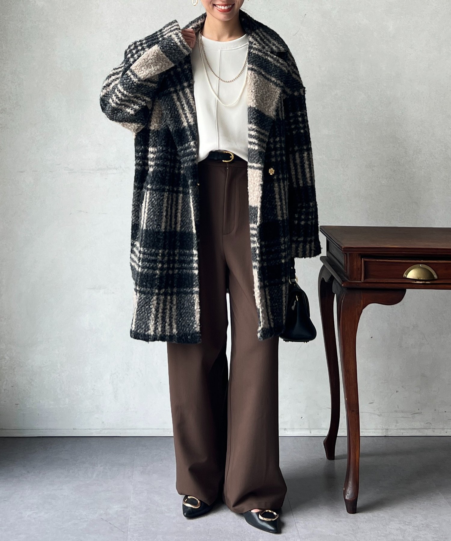 Chez toi ブークレファーチェックコート シェトワ ジャケット・アウター その他のジャケット・アウター ネイビー グレー ベージュ【送料無料】