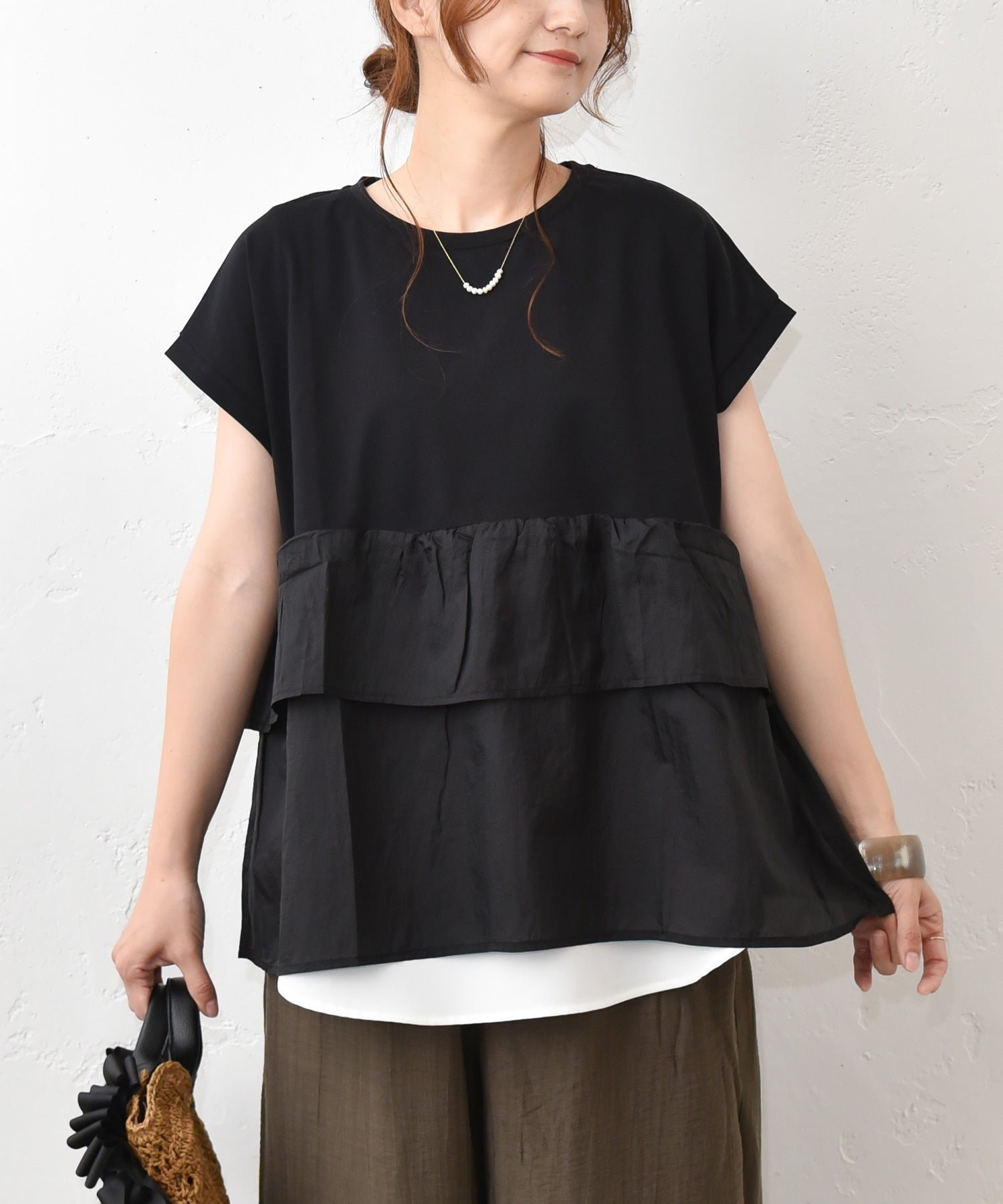 HUMS HUMS｜異素材ドッキングプルオーバー [[HUM-101]][C] ハグハグ トップス カットソー・Tシャツ ブラック