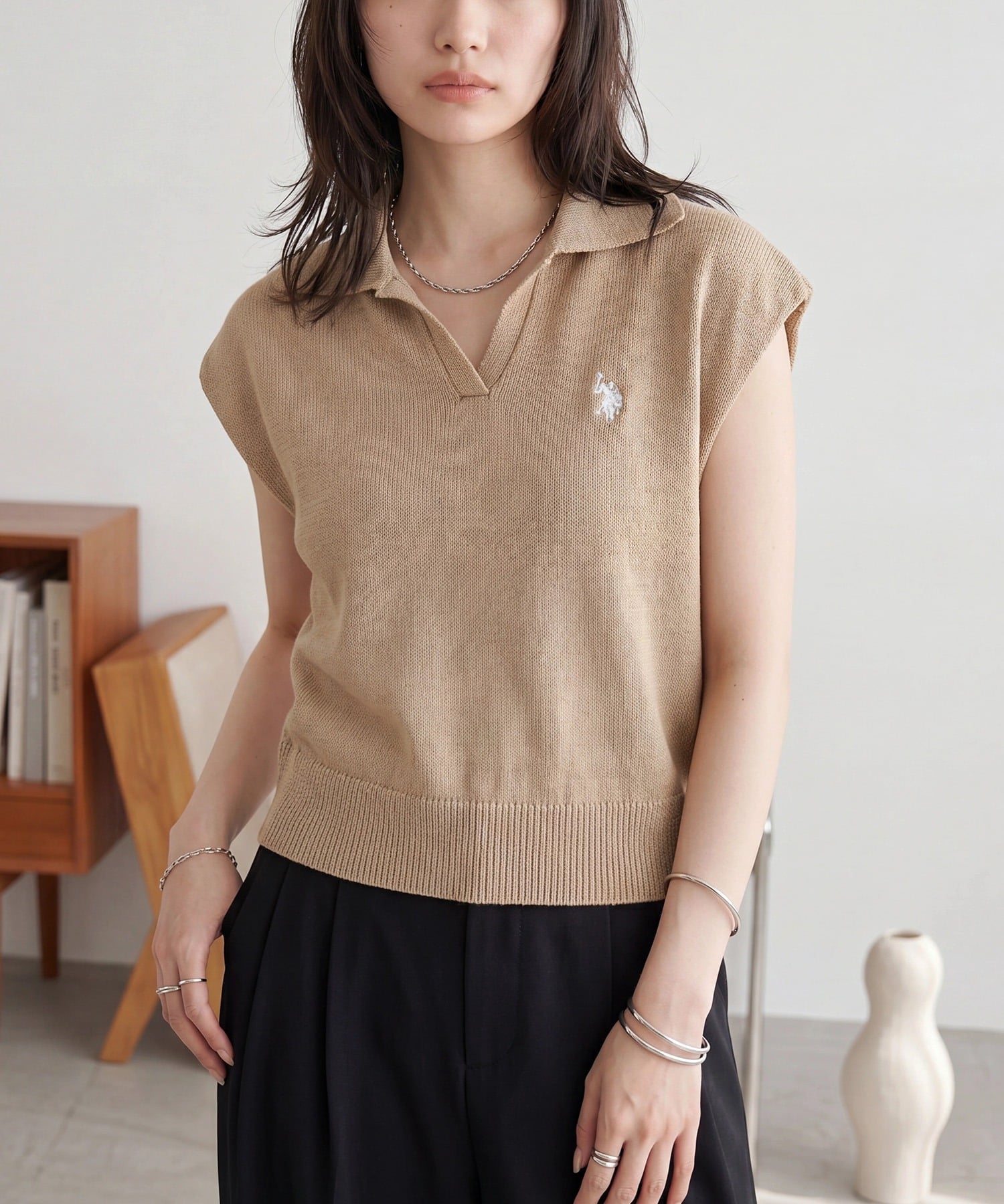 U.S. POLO ASSN. U.S. POLO ASSN./ワンポイント刺繍 2WAYカラーニットトップス セットアップセブン トップス ニット ブラウン ホワイト ネイビー